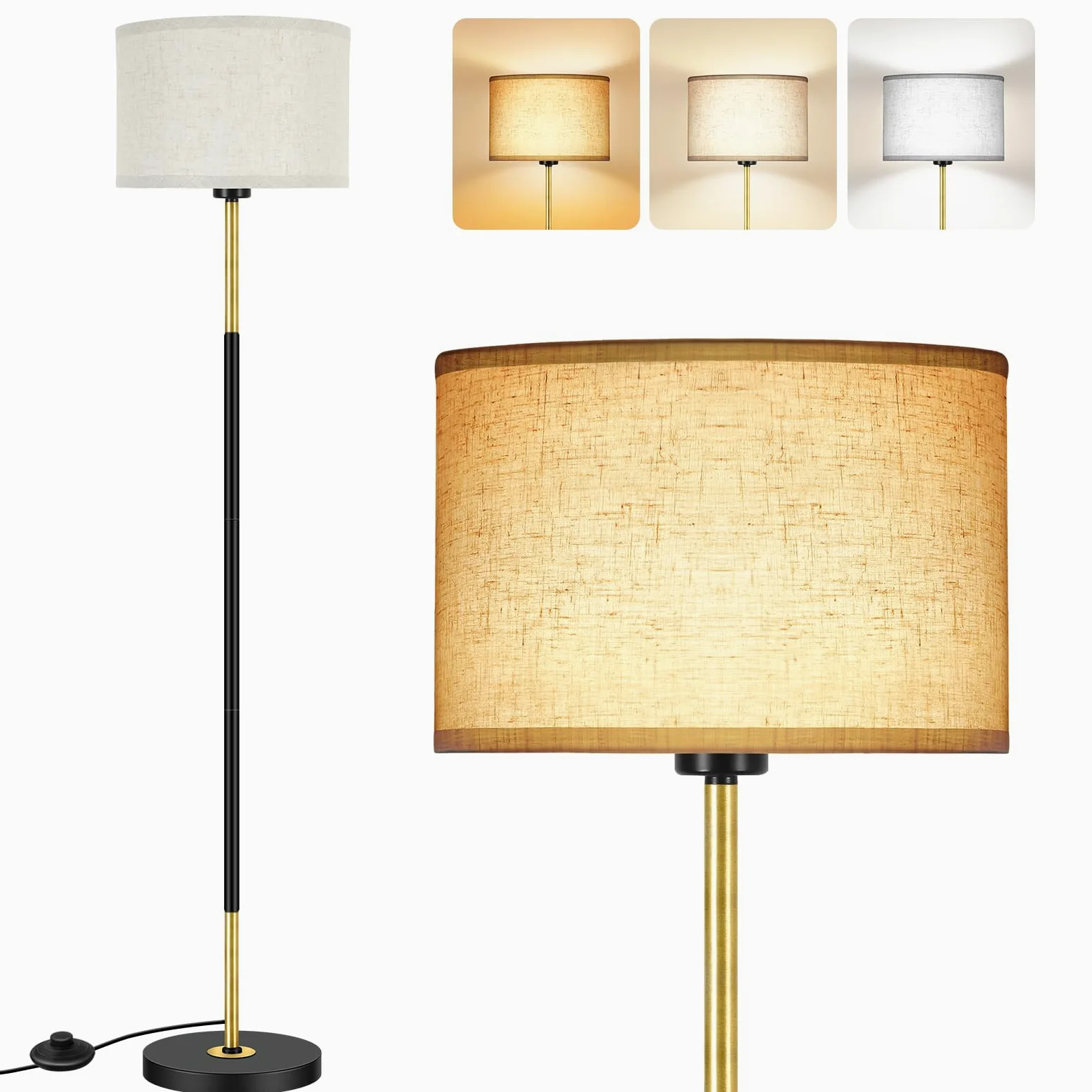 OUTON Lampa Podłogowa do Salonu 3 Temperatury Barwowe, Lampa Stojąca LED z Żarówką E27 i Przełącznikiem Nożnym, Nowoczesny Design Lampa do Czytania z Lnianym Abażurem do Sypialni, Biura(Czarno-Złota)