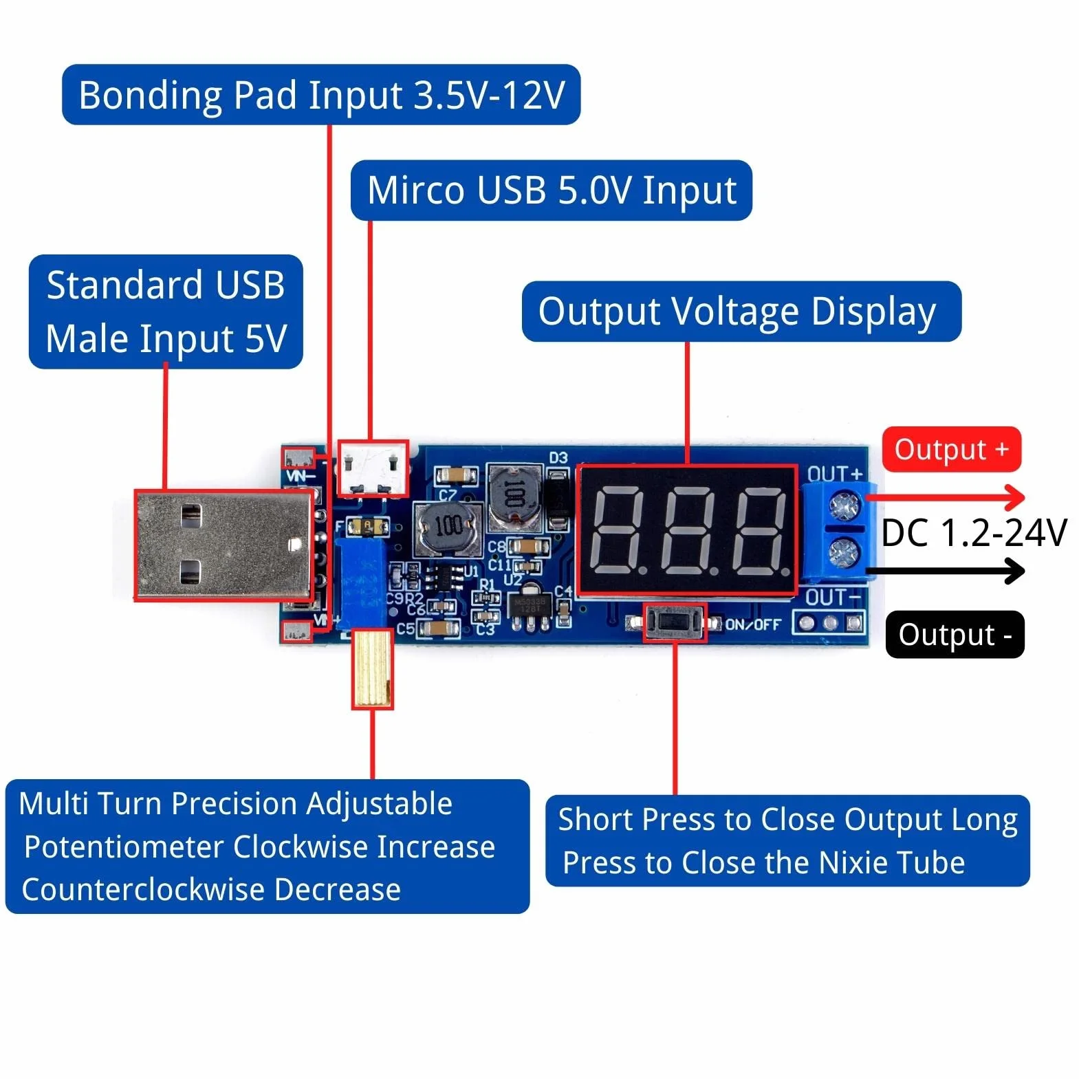 LAOMAO Moduł zasilania DC DC Step Up Down USB 5V do 3,3 V/12 V Regulowany konwerter Boost Buck