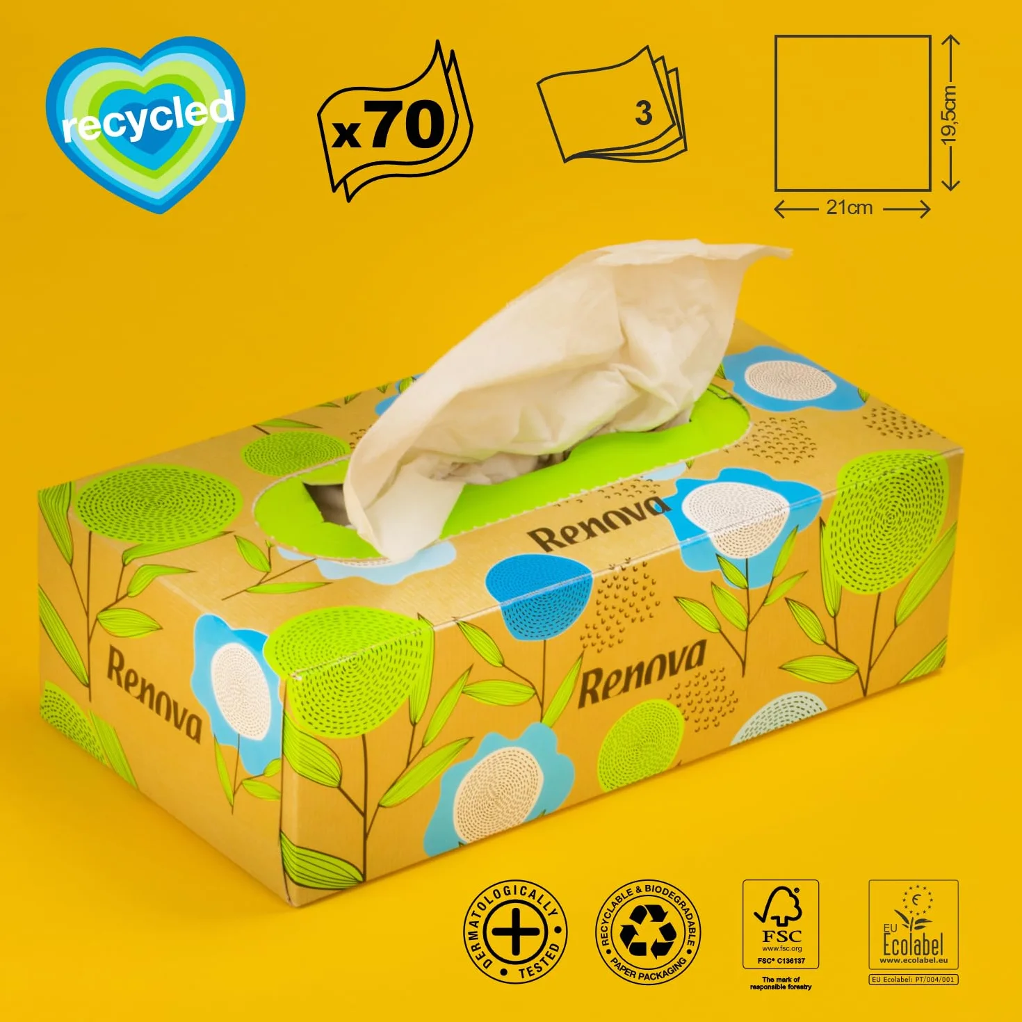 Renova Chusteczki do twarzy Renova Recycled | Opakowanie 70 chusteczek | Papier z recyklingu | Certyfikat FSC i Ecolabel