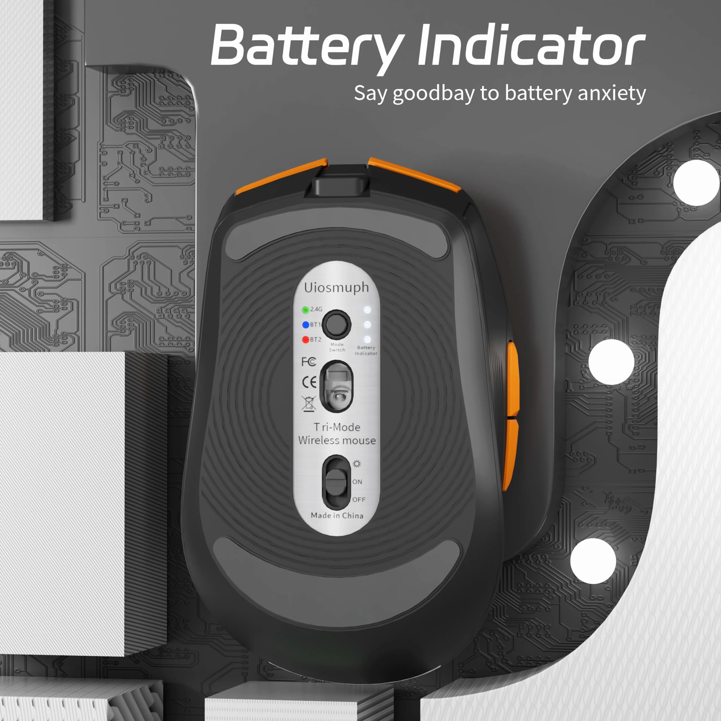 Uiosmuph G19 Bezprzewodowa mysz Bluetooth (tryb trójwymiarowy: BT5.0/5.1+2.4G), 3 dpi, widoczny poziom naładowania baterii, z adapterem odbiornika Nano USB typu c- Pomarańczowy