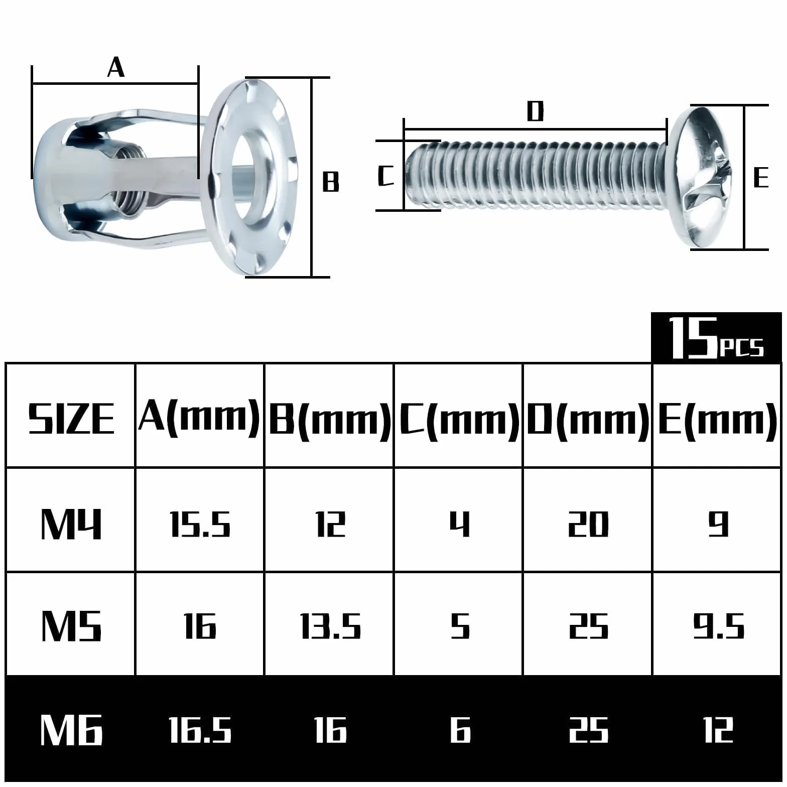 Mbsomnus Jack Nuts Płatki M6 x 25 cm, metalowa kotwa rozporowa, cienkie mocowania, kotwy do ścian, duże obciążenia, do cienkich ścian, drzwi pustych, blacha żelazna, 15 sztuk