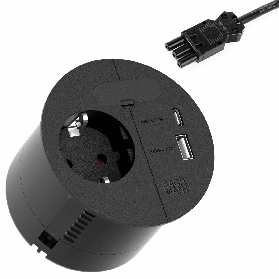 BACHMANN 938.203 gniazdko elektryczne Loop IN Charge 1 x USB A/C 22 W z otworem na kabel 0,2 m, przewód zasilający ISV do biura, sali konferencyjnej i salonu, kolor czarny