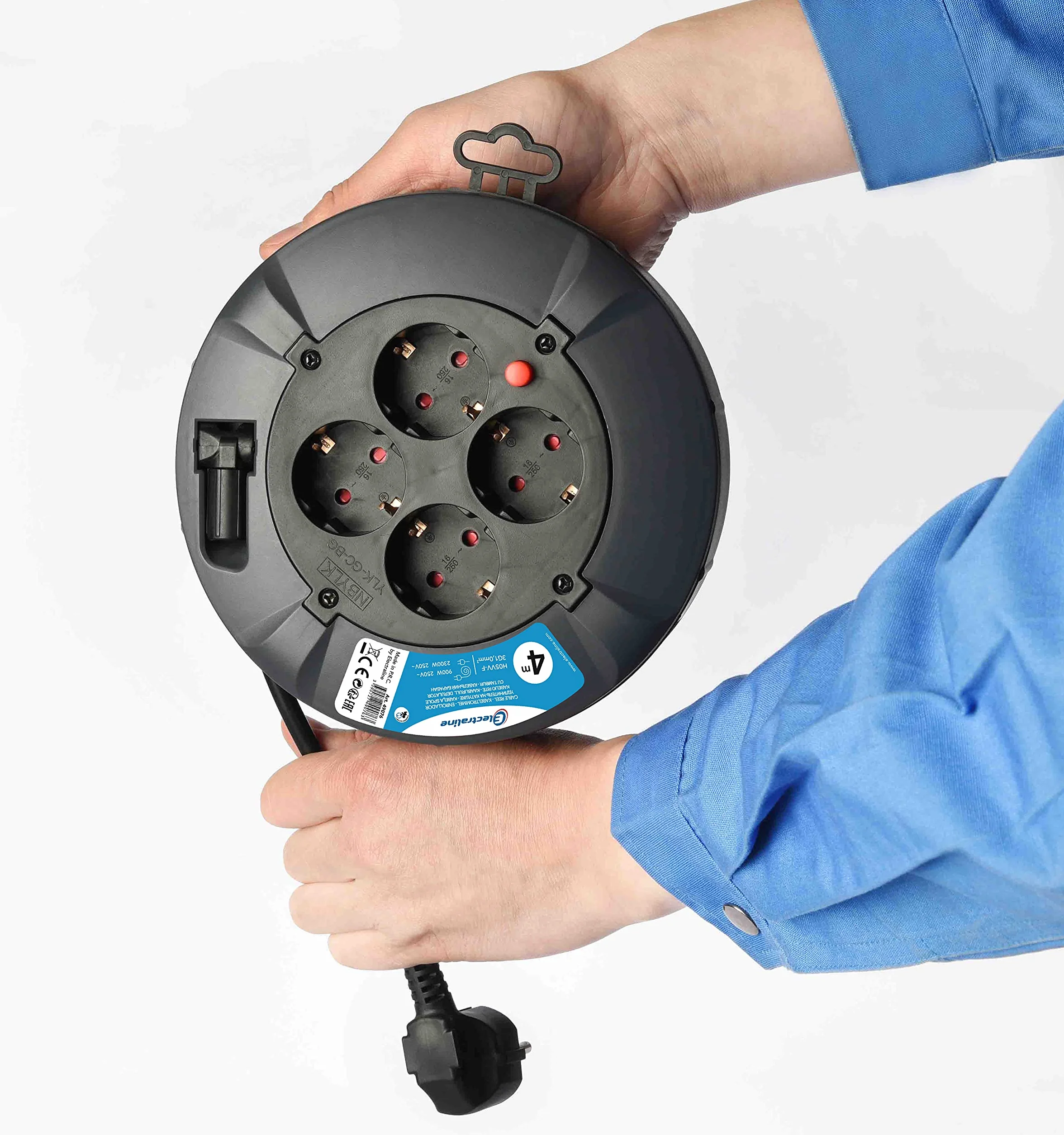 Electraline 49076, bęben kablowy, 4-krotny, 4 m, IP20, rolka kablowa z 4 gniazdami Schuko, skrzynka na kable z kablem przedłużającym, z korbą, czarny