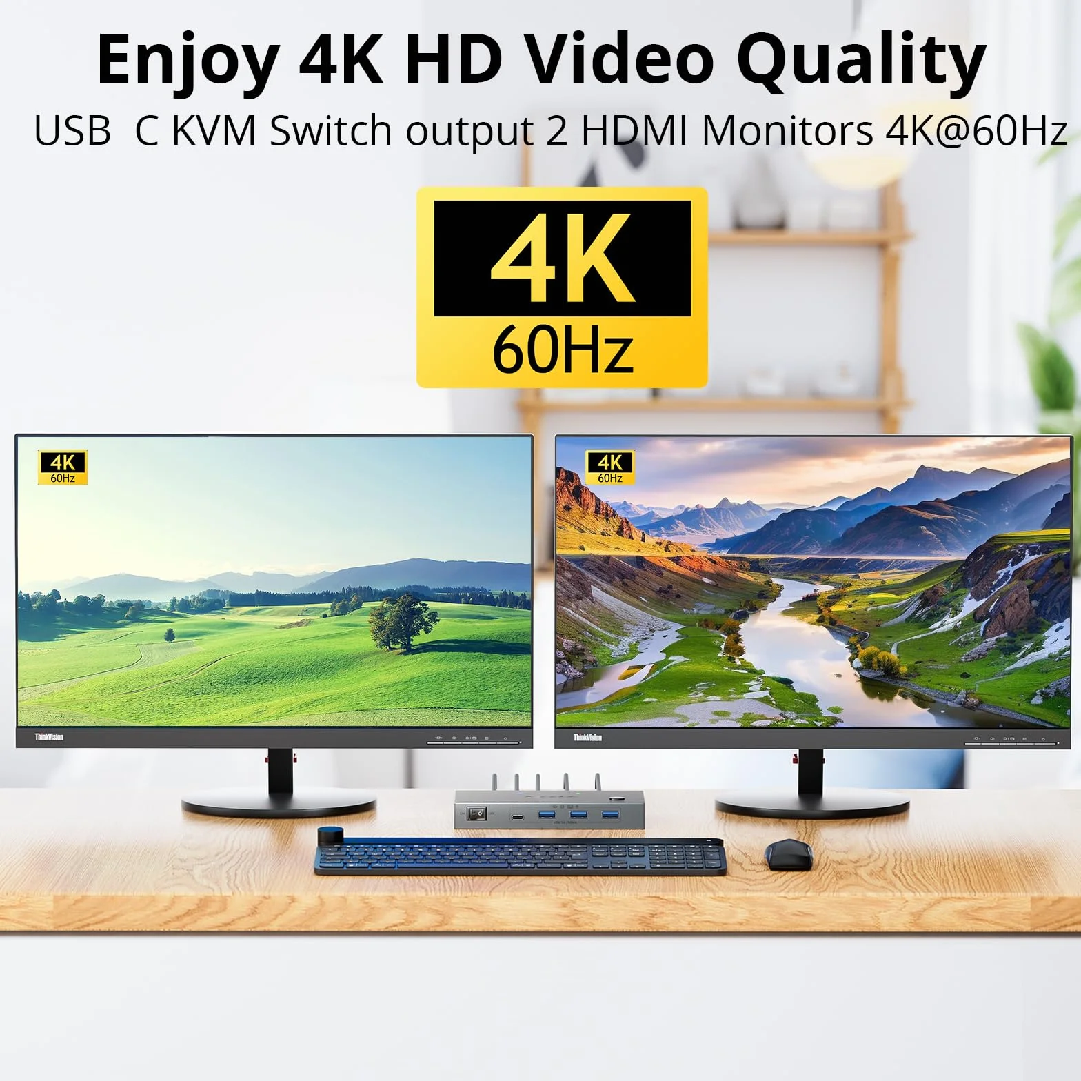 KVM Switch 2 Komputery 2 Monitory USB C HDMI 4K@60Hz Dual Monitor MST 80W PD Wired Remote