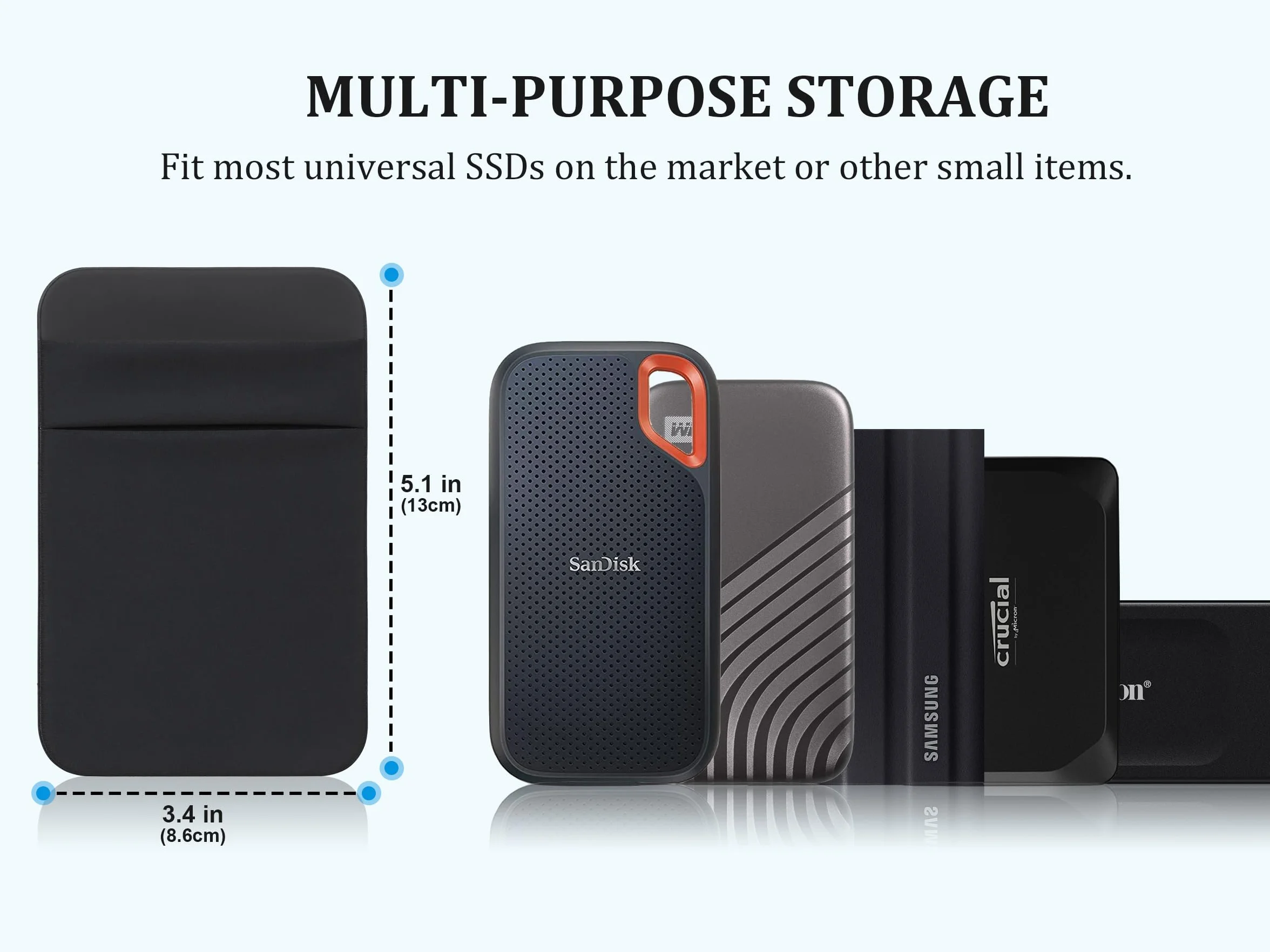 Lacdo Portable Torby do dysków twardych dla Laptop, 2-Pocket Stick z Klejem Wielokrotnego Użytku, dla San Disk, Samsung, Crucial, Portable Zewnętrzny dysk SSD Torby do Przechowywania Kabli, Czarny