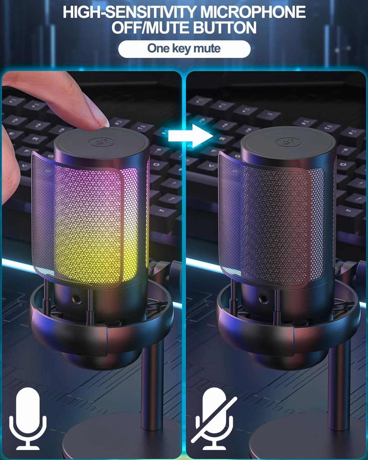 Anykuu Mikrofon Pojemnościowy RGB 24-bit/192 kHz do Gier z Wyciszeniem Jednym Klawiszem USB