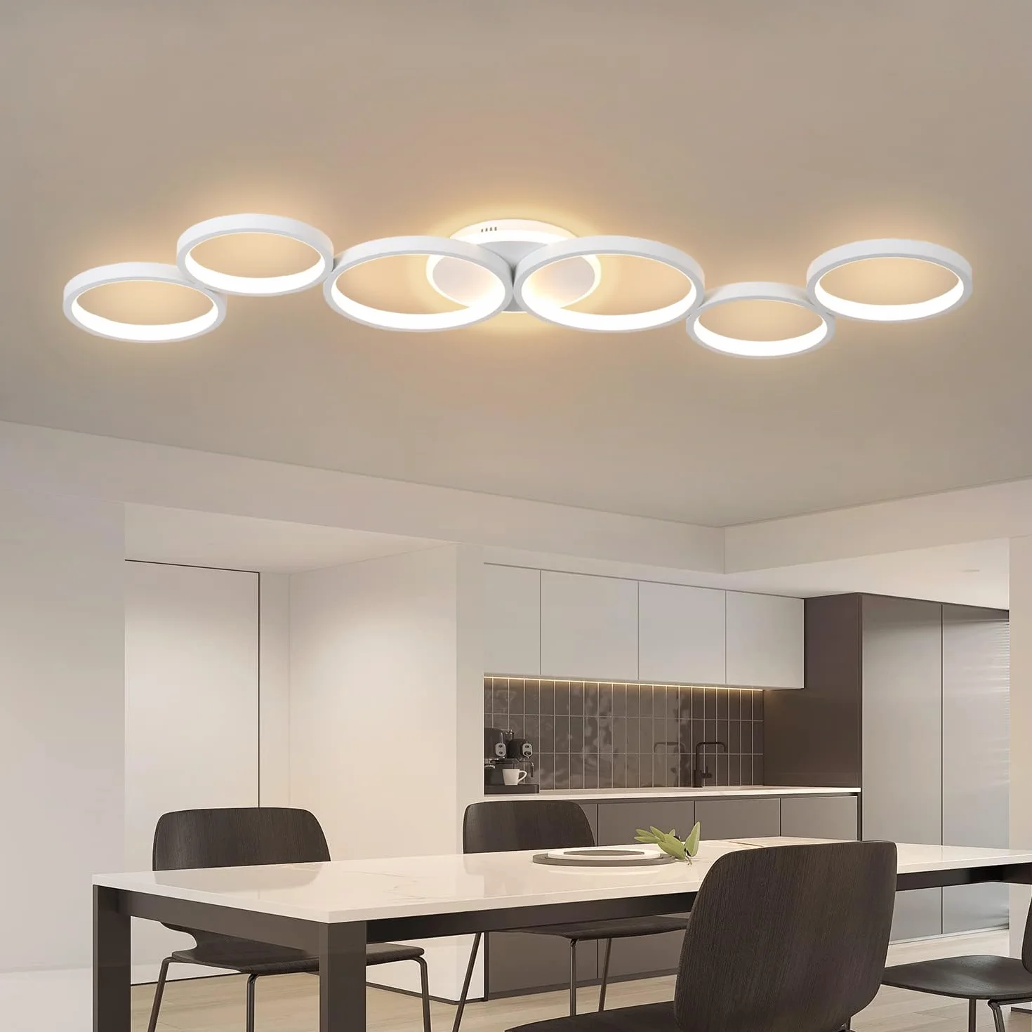 Lampa Sufitowa LED Ściemniana Lampa Sufitowa Biały Światło Salonowe Światło Sypialni Zdalne Sterowanie i Aplikacją, Nowoczesna Oświetlenie Sufitowe Okrągłe 6 Pierścień z Funkcją Pamięci, L113cm/69W