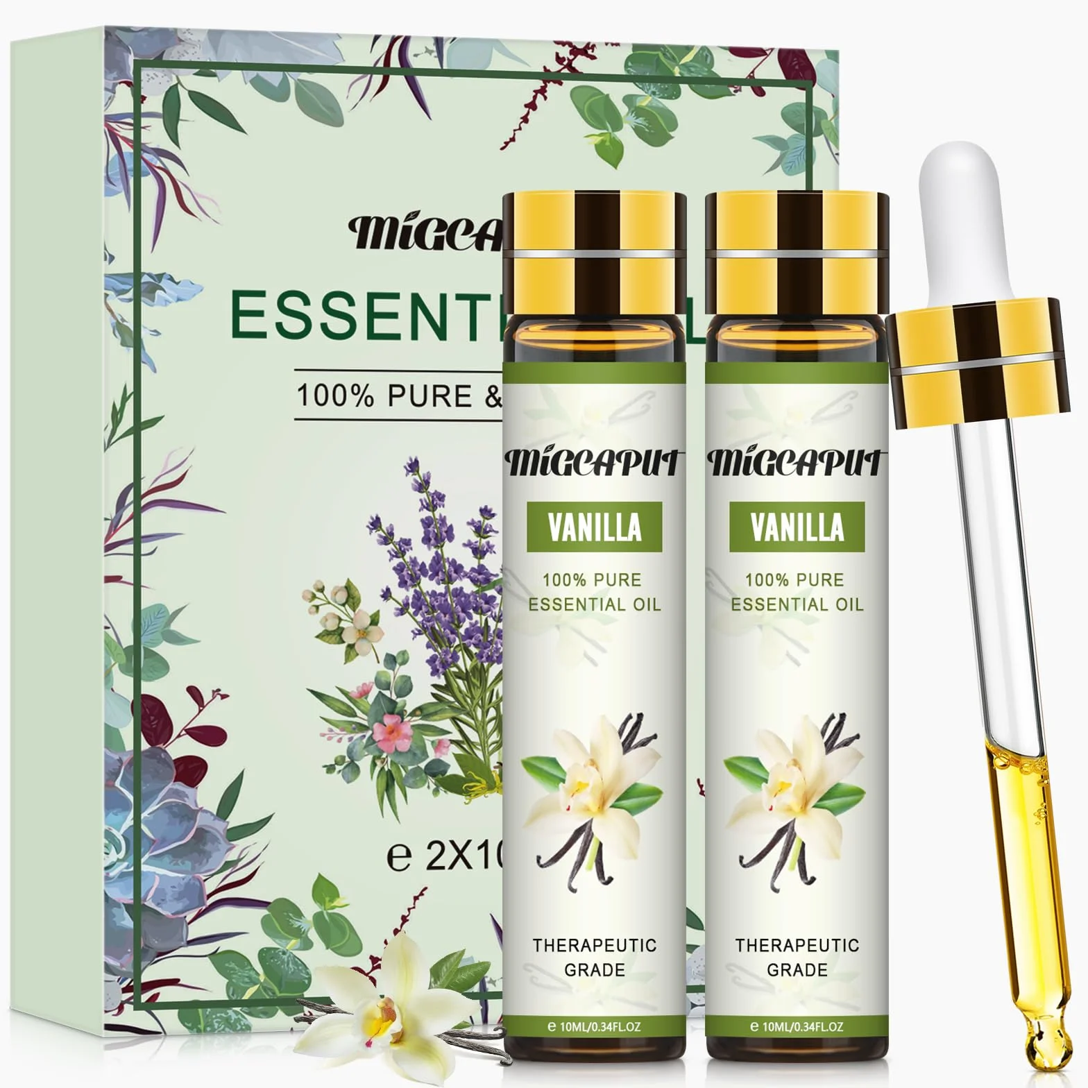 MIGCAPUT Zestaw Olejków Eterycznych Waniliowy 2 x 10ML, 100% Naturalne Olejki do Aromaterapii, Olejek Waniliowy Klasy Terapeutycznej do Dyfuzora Nawilżacza, SPA, Masażu, Snu, Mydła