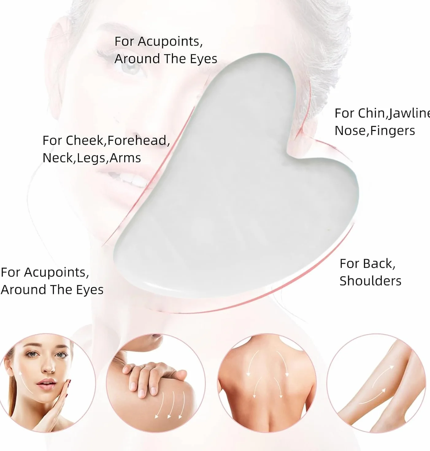 Gua Sha Narzędzie do masażu twarzy, Gua Sha, kamień jadeitowy do twarzy, szyi, pleców, ramion, nóg, oczu, prezenty SPA dla kobiet, zmniejszają obrzęki i poprawiają zmarszczki (biały)
