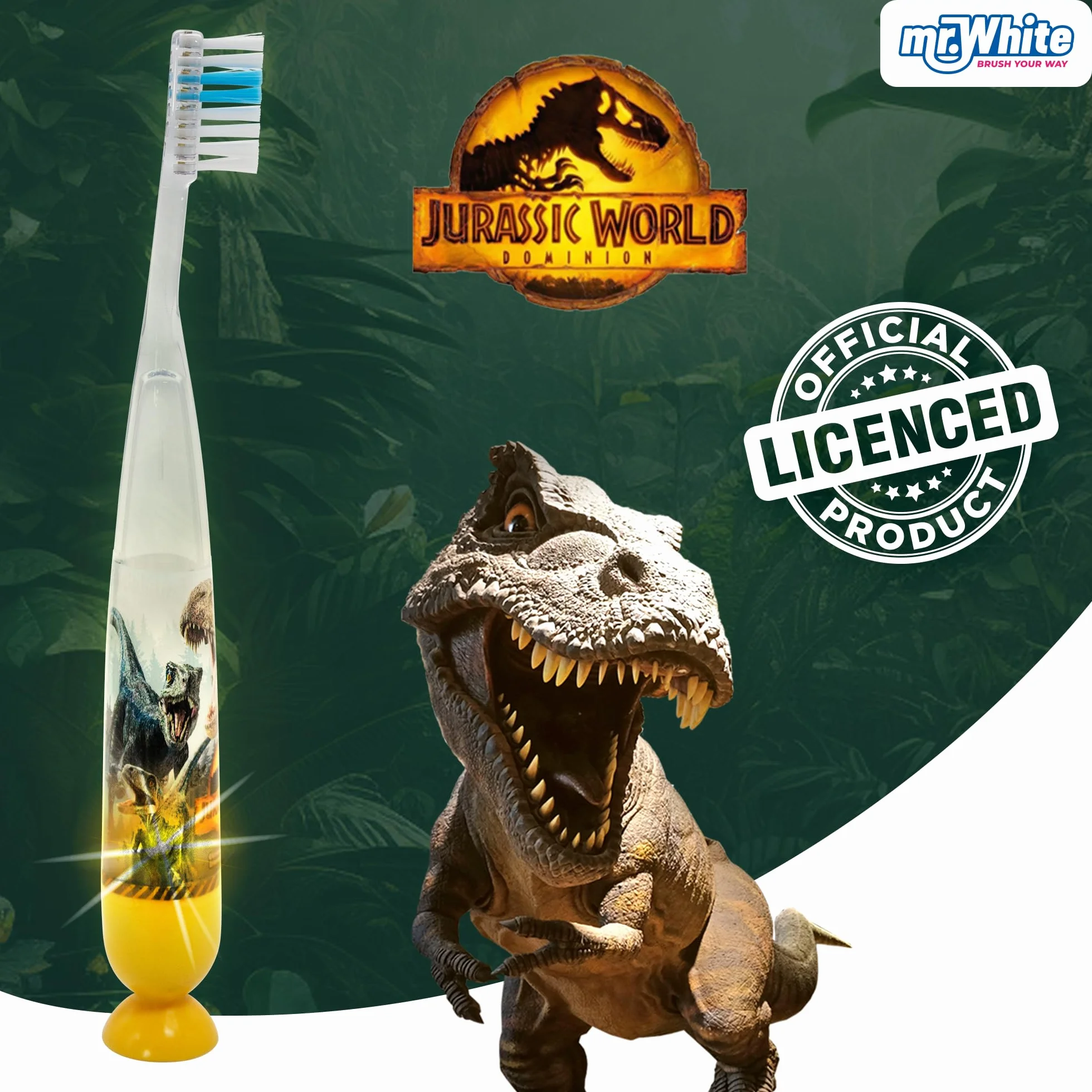 Jurassic World Kids migająca szczoteczka do zębów z 2-minutowym migającym timerem, miękkim włosiem, wygodnym uchwytem i przyssawką - idealna dla dzieci od 3 lat