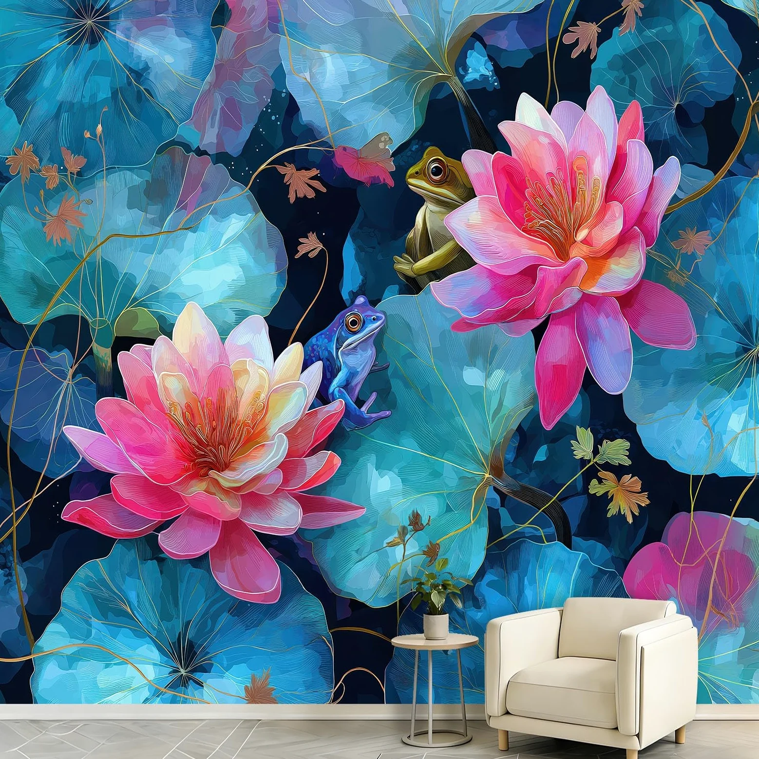 Fototapeta z efektem 3D, zwierzęta, żaby, akwarela – 250 x 175 cm, tapeta z włókniny, kwiatowe, lilie wodne, liście lotosu, tapeta ścienna, matowa i wodoszczelna, do salonu i sypialni, nowoczesna
