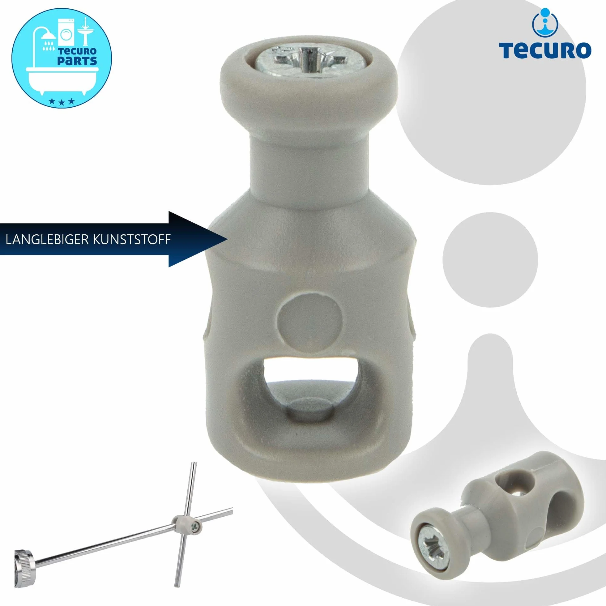 tecuro Element przegubowy do montażu na zestawie odpływowym, otwór Ø 6 mm, tworzywo sztuczne, szare, do połączenia drążka z poprzecznym drążkiem zestawu odpływowego