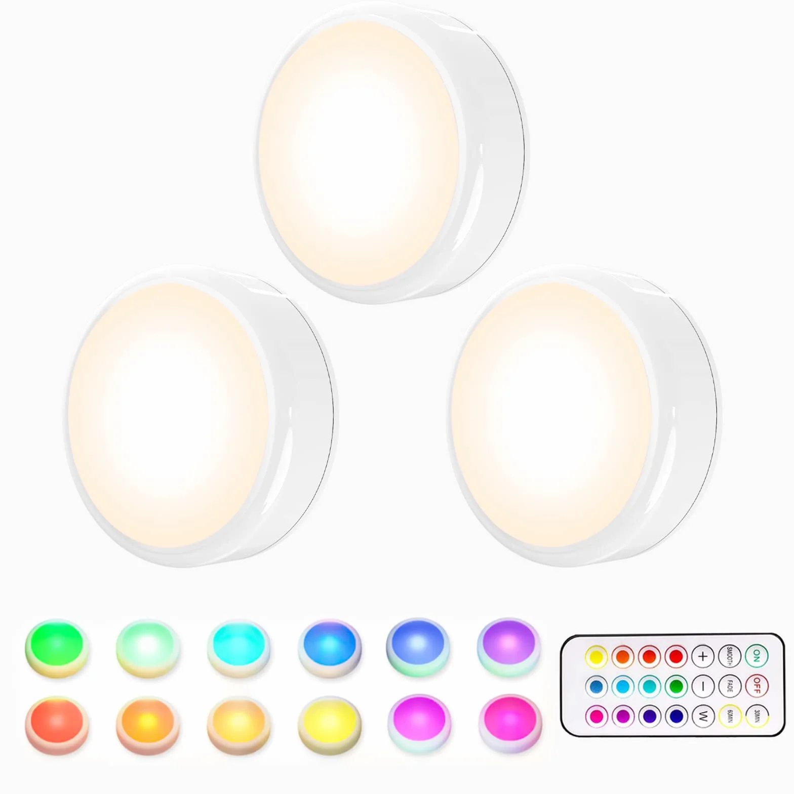 HELPLEX Lampa do szafy, 16 kolorów bezprzewodowa lampka nocna RGB LED, oświetlenie schodowe/do gier, z 1 pilotem zdalnego sterowania i funkcją synchronizacji, opakowanie 3 szt