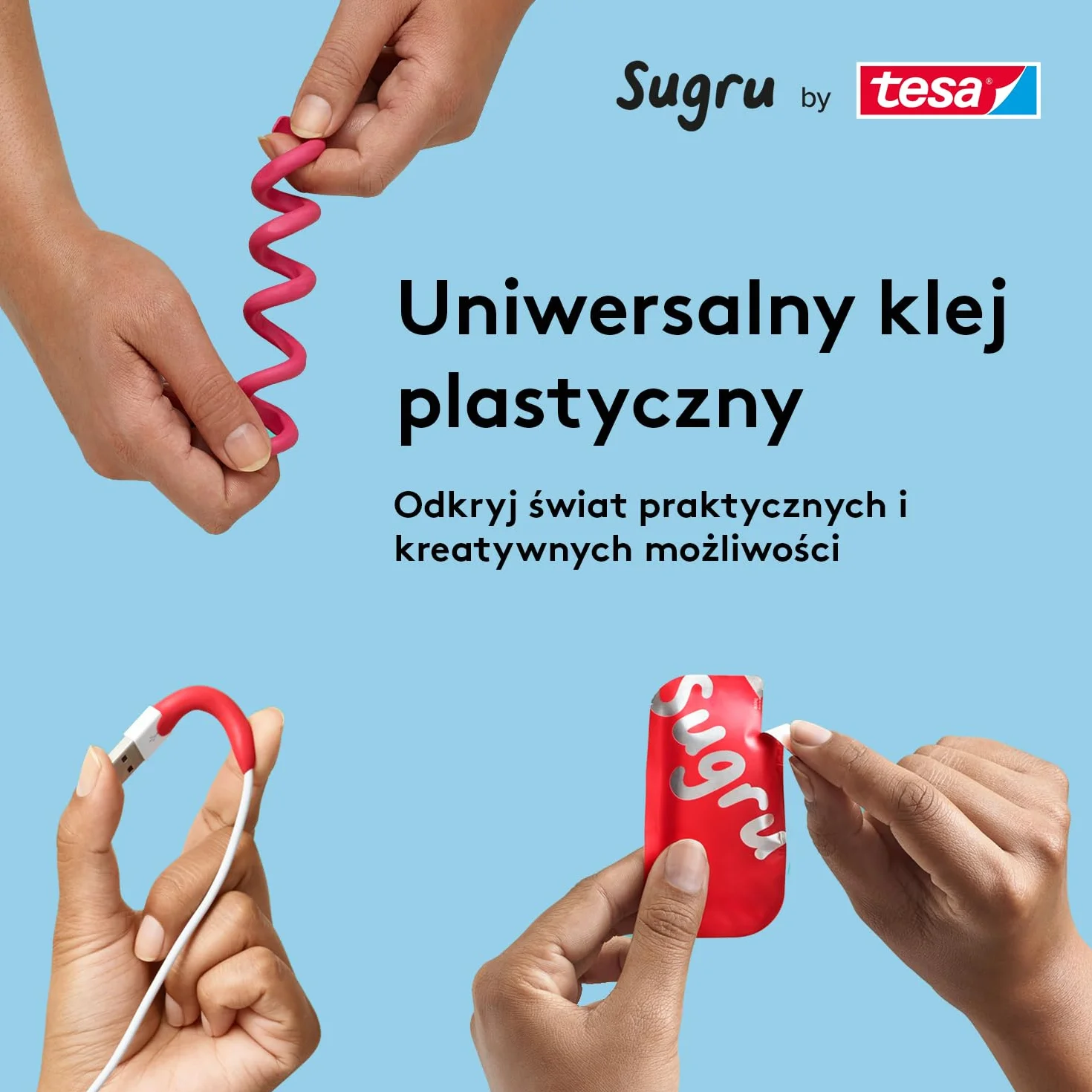 tesa Sugru uniwersalny klej formowalny – wszechstronna silikonowa guma do napraw, klejenia i mocowania bez wiercenia – ośmiopak, 8 x 3,5 g, kolor: czerwony, niebieski, żółty, czarny & biały