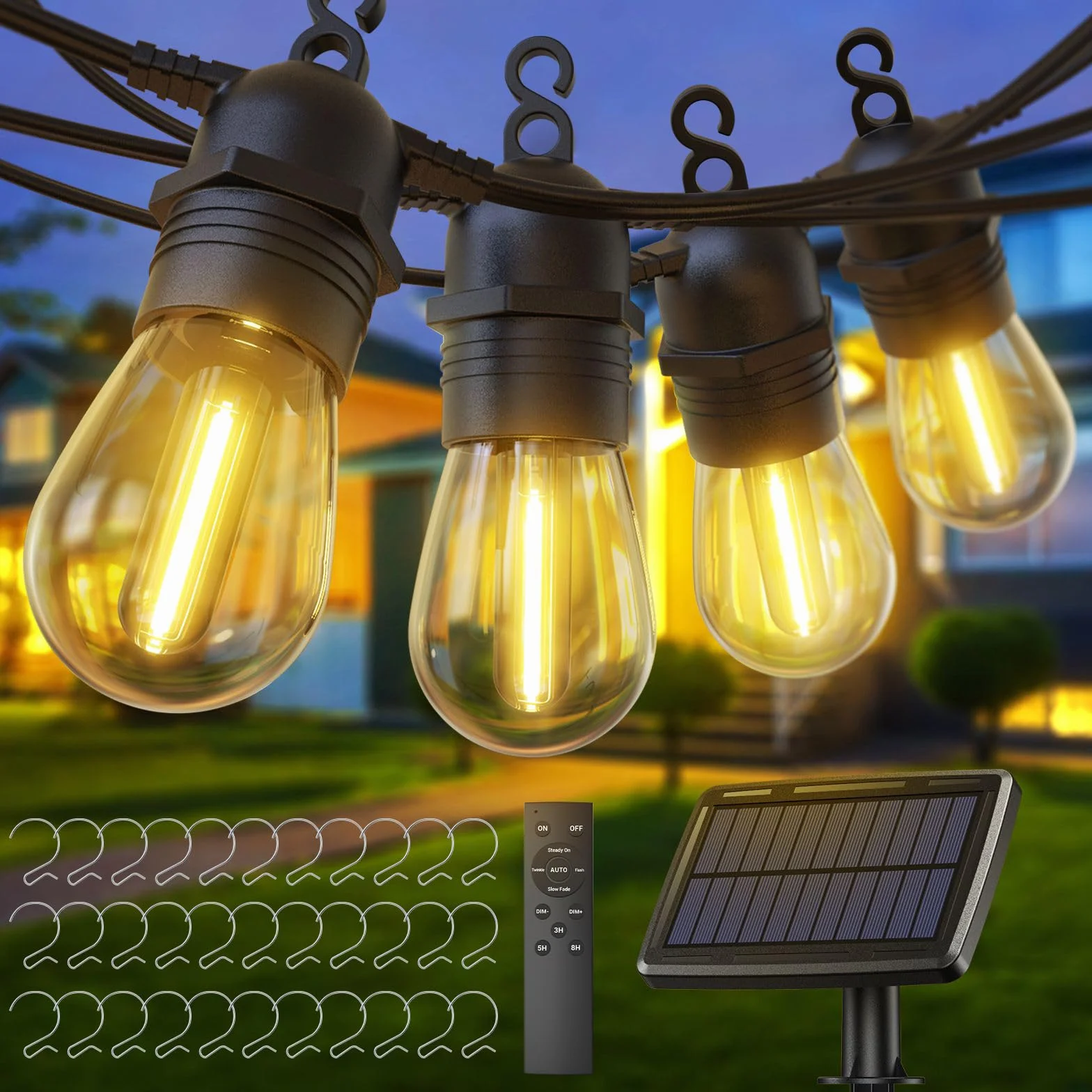 Quntis Łańcuch świetlny 31 m, IP65, nietłukące się żarówki, pilot, ładowanie solarne/USB C, timer, automatyczne ściemnianie, wodoszczelny, do ogrodu, na balkon, taras, imprezę, podwórko