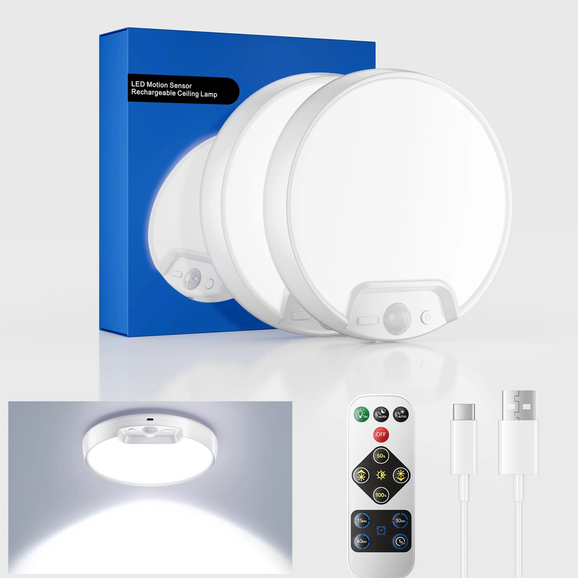 Homelist Lampa sufitowa z czujnikiem ruchu, bezprzewodowa lampa sufitowa LED z pilotem zdalnego sterowania, 8000 mAh, do łazienki, garażu, schodów, 2 sztuki