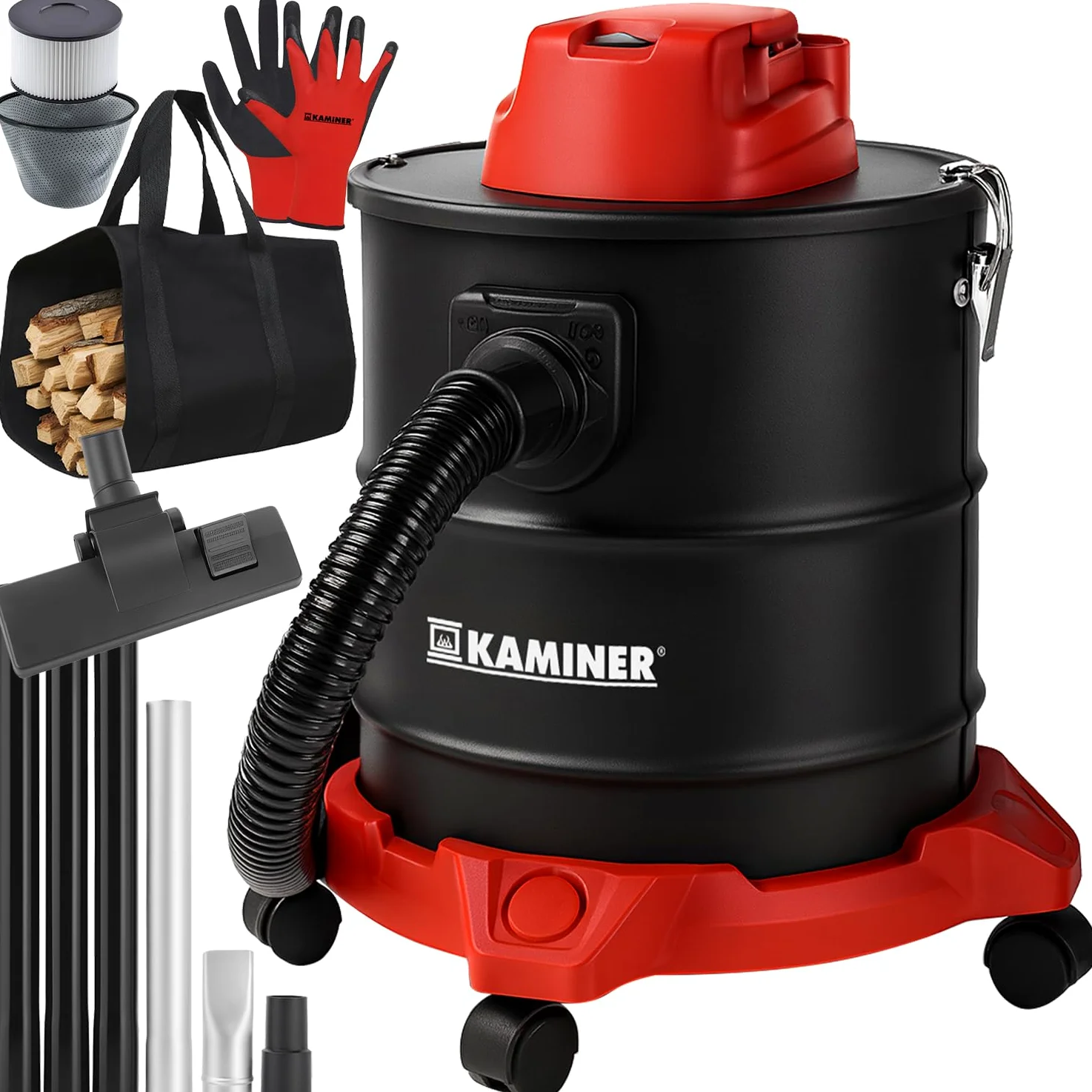 KAMINER Odkurzacz do popiołu 20 l, 1600 W, odporny na wysokie temperatury – metalowy zbiornik, HEPA + filtr tekstylny, funkcja ssania i dmuchania, 3 dysze, koła – bezworkowy, do piekarnika, grilla i