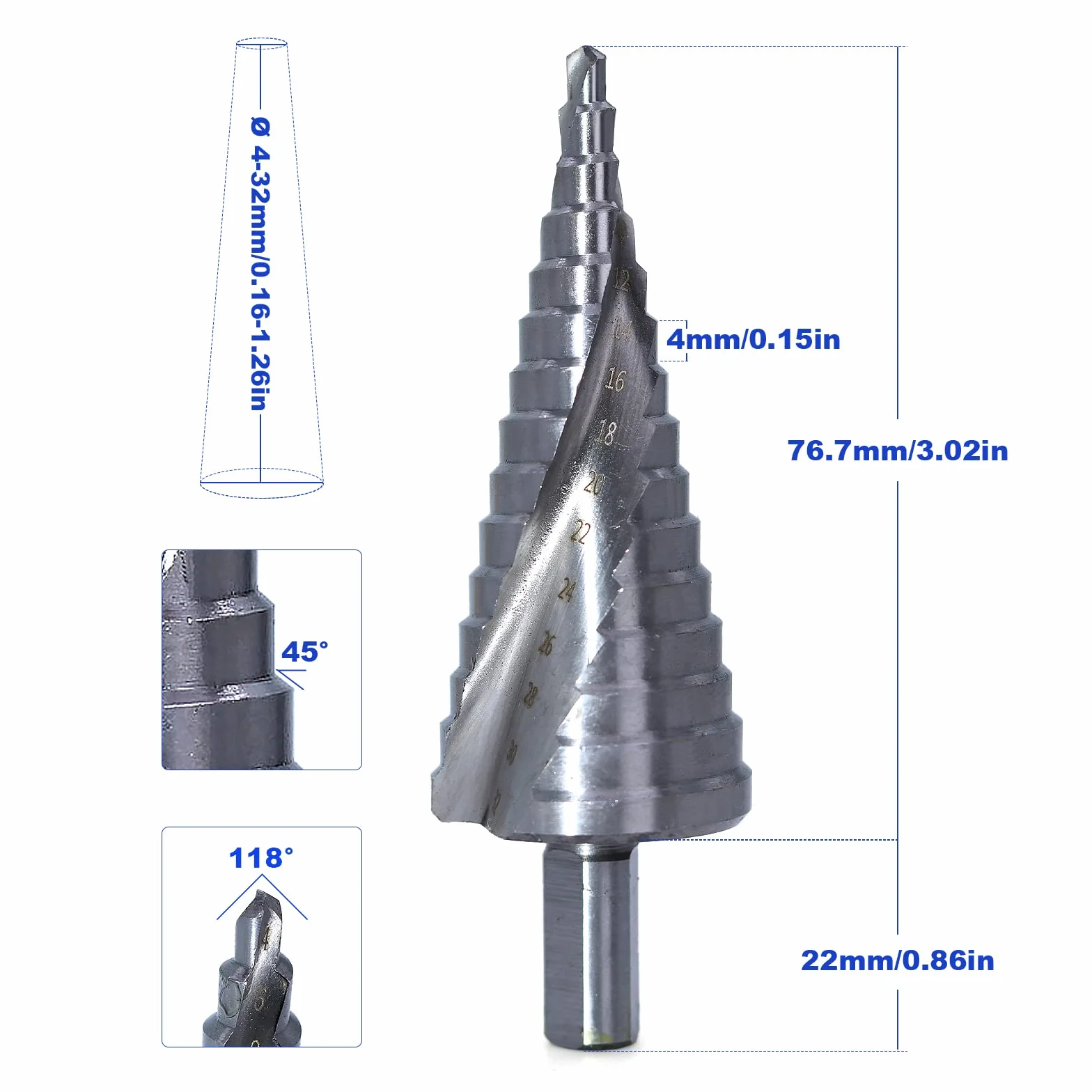 Wiertło stopniowe HSS wiertło stożkowe do metalu (15 stopni | Ø 4 – 32 mm] wiertło stożkowe do metalu, mosiądzu, drewna, tworzywa sztucznego, kolor srebrny