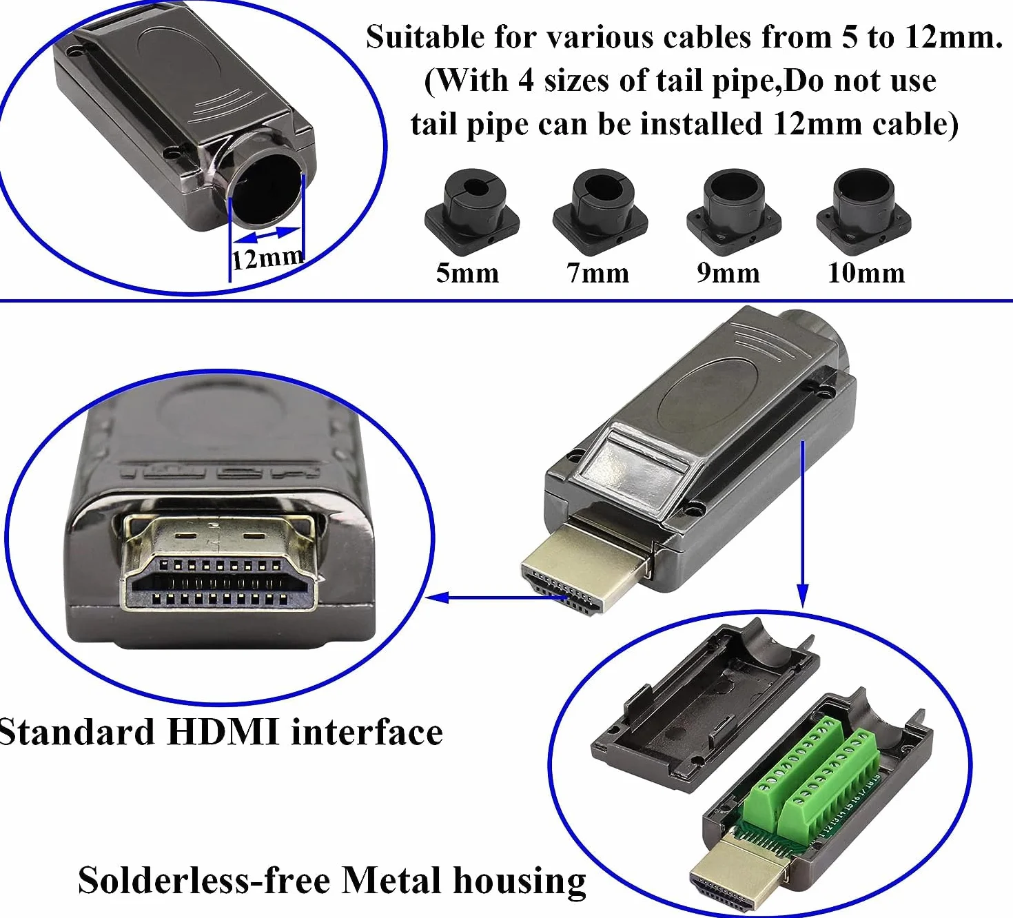 Adapter zacisku śrubowego bez lutowania HDMI, męski moduł bez lutowania, wtyczka puszka rozgałęźna HD, moduł sygnałowy z metalową obudową. (2 szt./męski)
