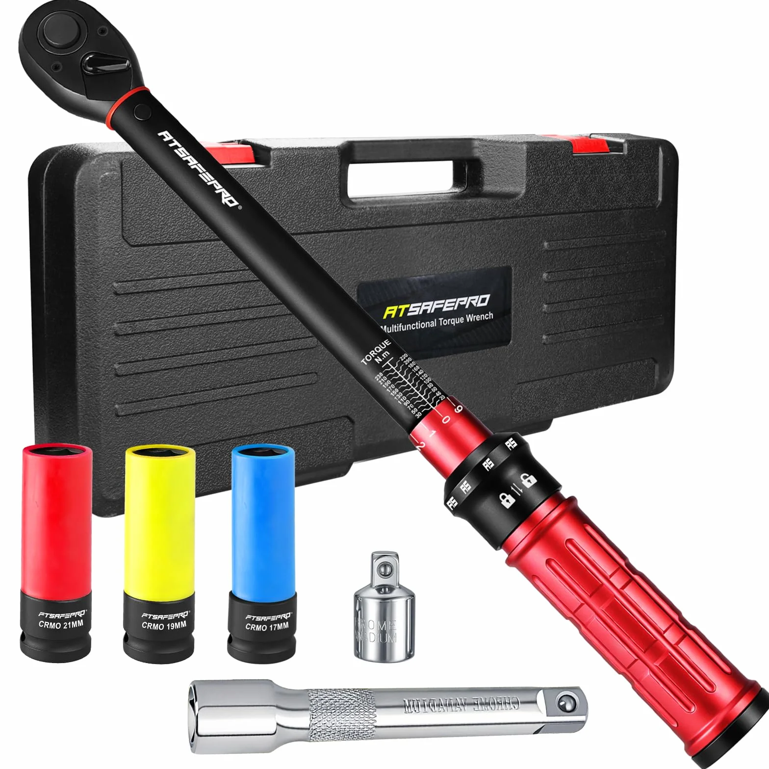 ATsafepro Klucz dynamometryczny 1/2 cala, 20-230 Nm, 7-częściowy zestaw klucza dynamometrycznego z 3 nasadami (17mm, 19mm, 21mm), redukcją 1/2" na 3/8", przedłużakiem 125 mm, dokładność ±3%