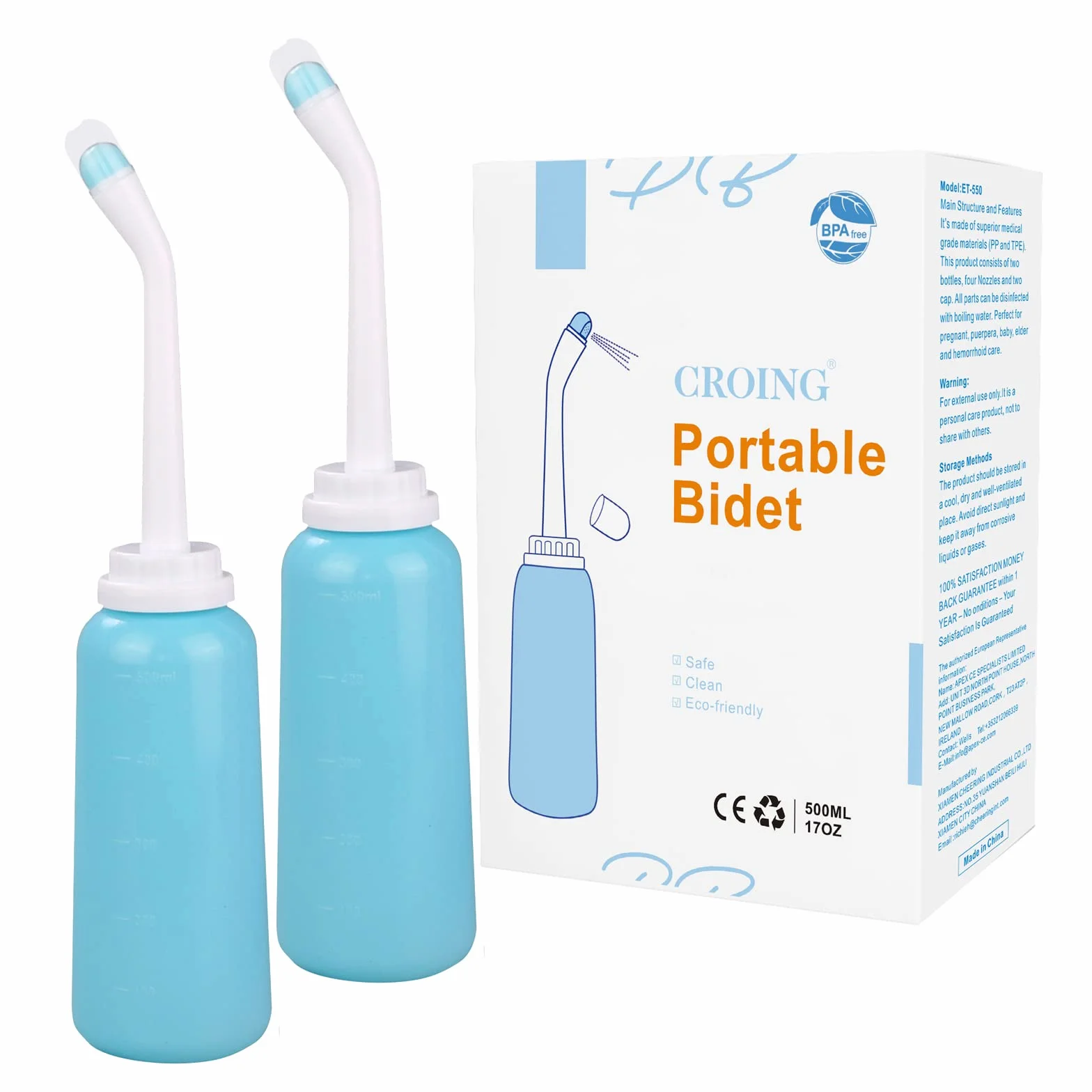 CROING Opakowanie 2-500 ml bidetu podróżnego na niezbędne artykuły poporodowe - butelka do spłukiwania do góry nogami - przenośny bidet (zielony)