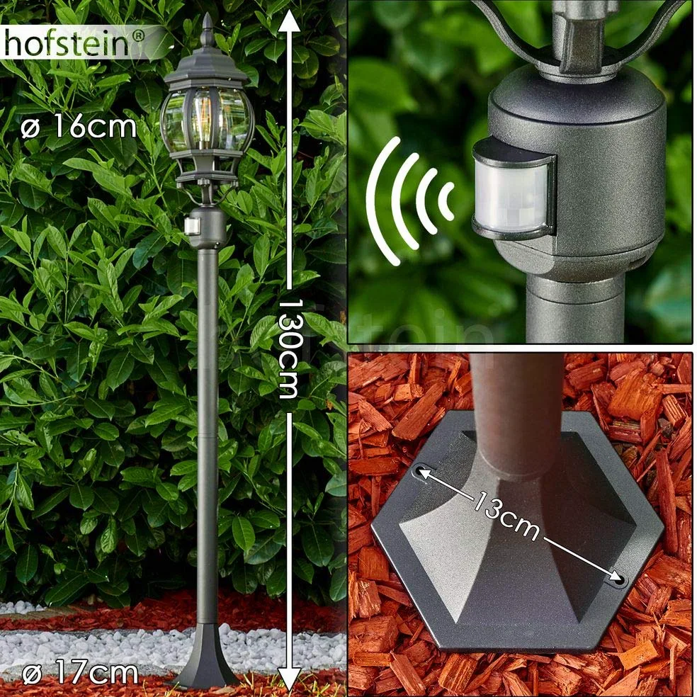 Lampa zewnętrzna Lentua z czujnikiem ruchu, oświetlenie drogi, odlew aluminiowy w kolorze czarnym z plastikowymi tarczami, lampa podłogowa 130cm, E27, IP44, bez żarówek