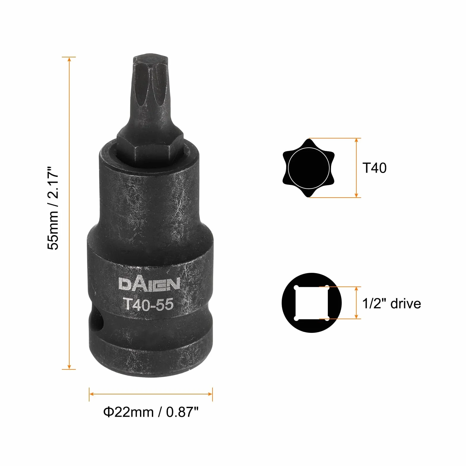 QUARKZMAN 2 szt. T40 bit długość kompasu 55 mm / 2,17" kwadratowe mocowanie 1/2" gwiazda 6 bitów zestaw końcówek do korby udarowej stalowy kompas S2 do kluczy grzechotkowych czarne bity