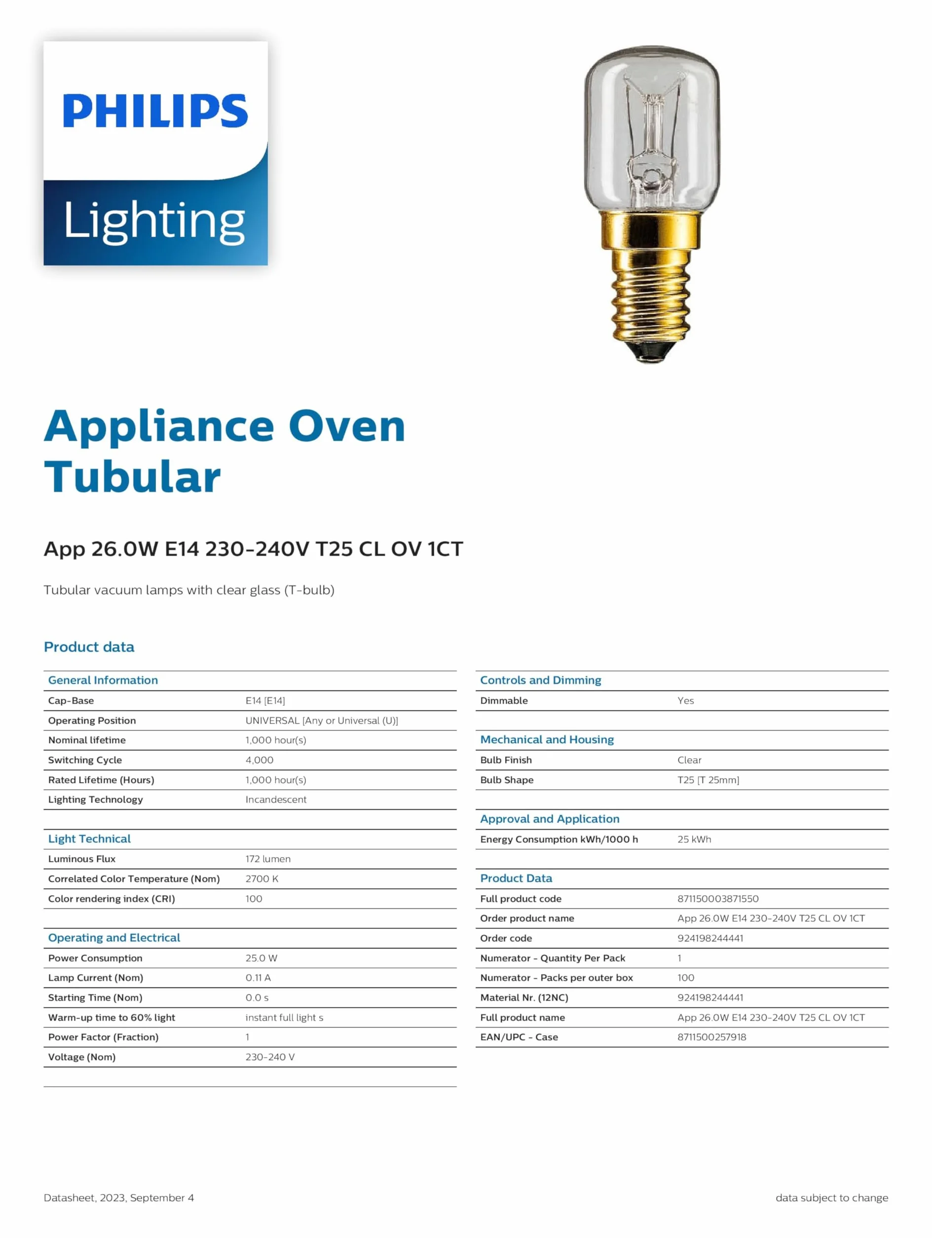 Philips Backofenlampe T22 E14 25W für Backofen