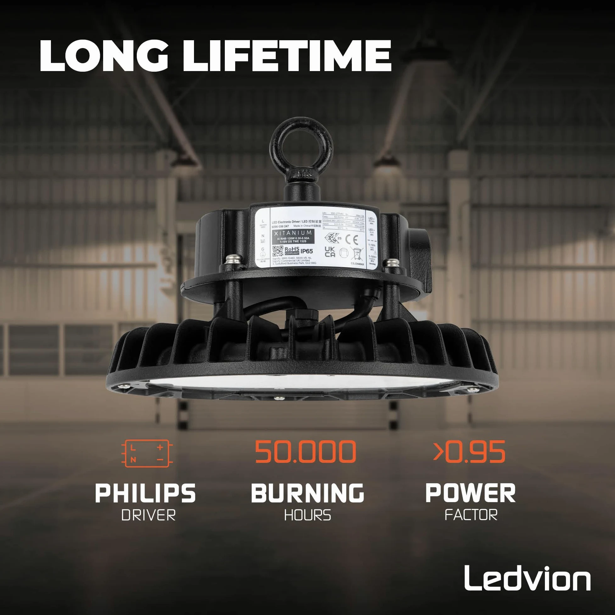 Ledvion - Sterownik LED High Bay 100 W, możliwość ściemniania, 175 lm/W, 17.500 lm, 3000K, IP65, 5 lat , lampa UFO