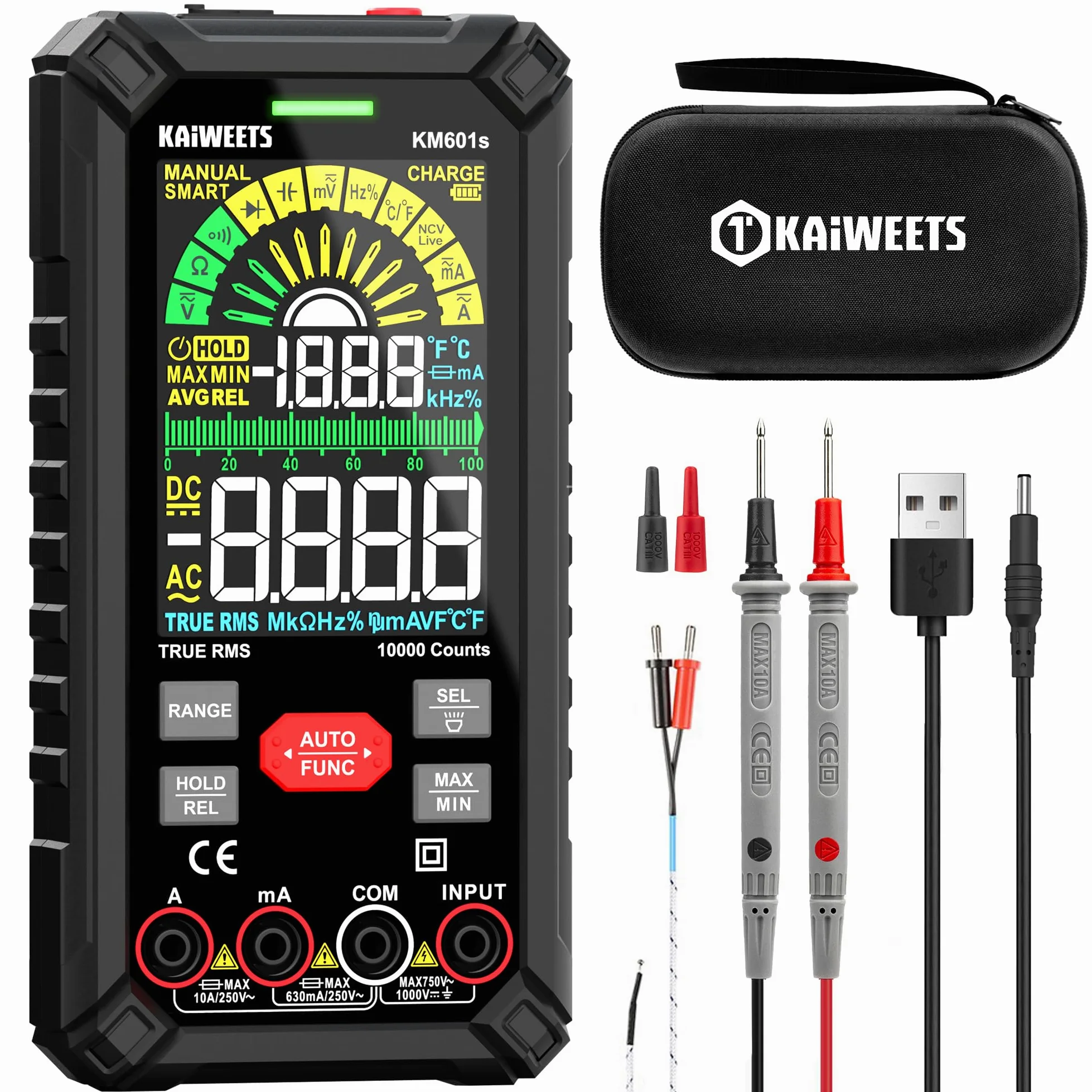 Multimetr KAIWEETS z 10000 zliczeń, ładowalny multimetr cyfrowy z automatycznym zakresem True RMS, inteligentny miernik prądu mierzy napięcie, prąd, rezystancję, ciągłość, częstotliwość