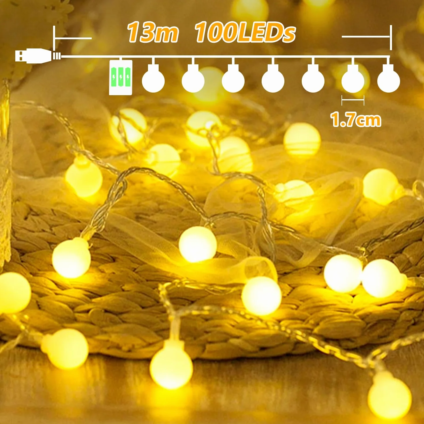 Świąteczne światełka 12M + 1M 100 Led, 8 Modes Garland Lights Indoor, Baterie lub USB, Fairy Lights z funkcją timera, na zewnątrz i wewnątrz, do ogrodów, domów, ślubów