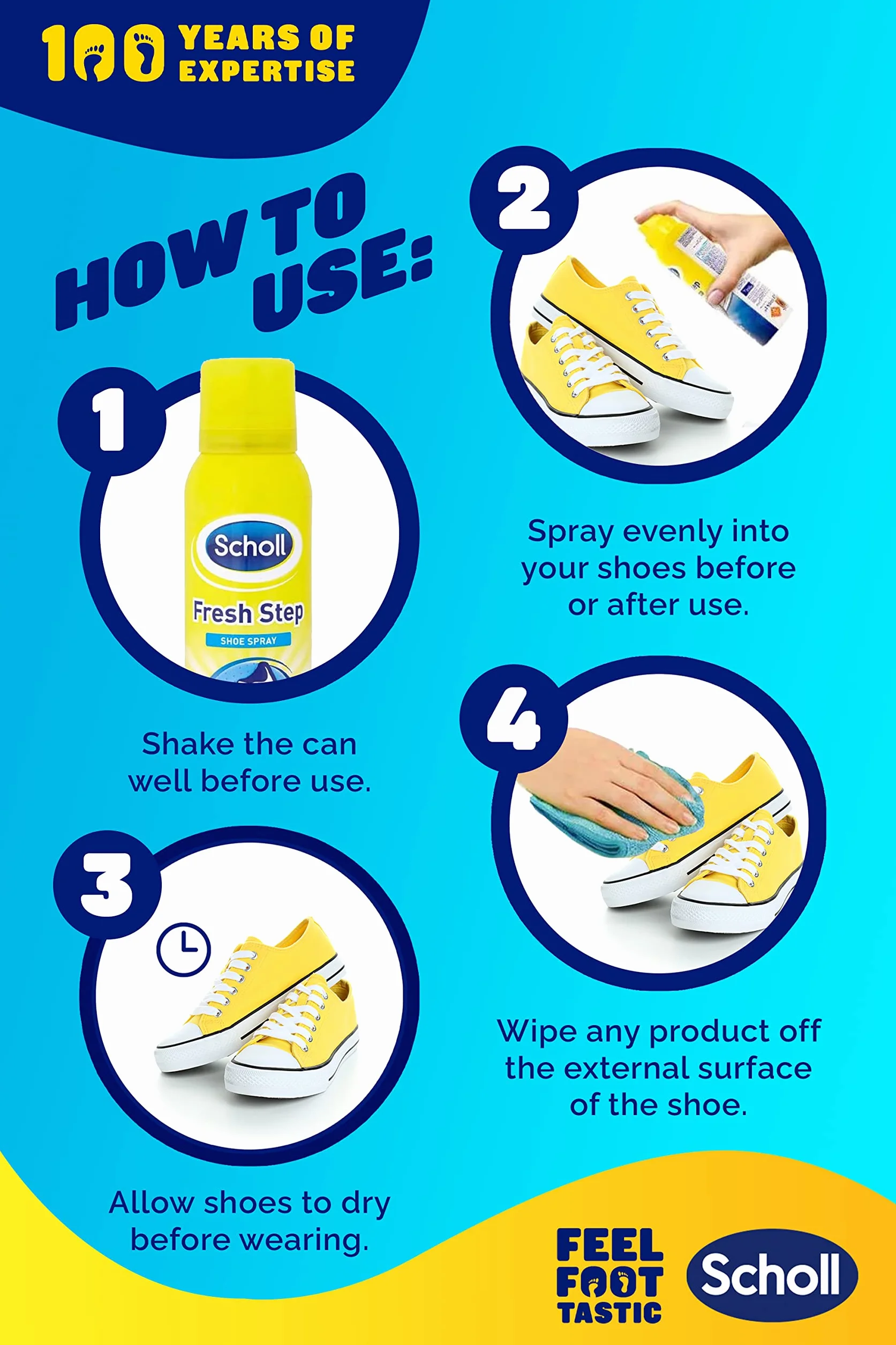 Scholl Fresh Step Spray do butów, 150 ml, bezzapachowy spray do butów, świeżość do 24 godzin, 4 sztuki