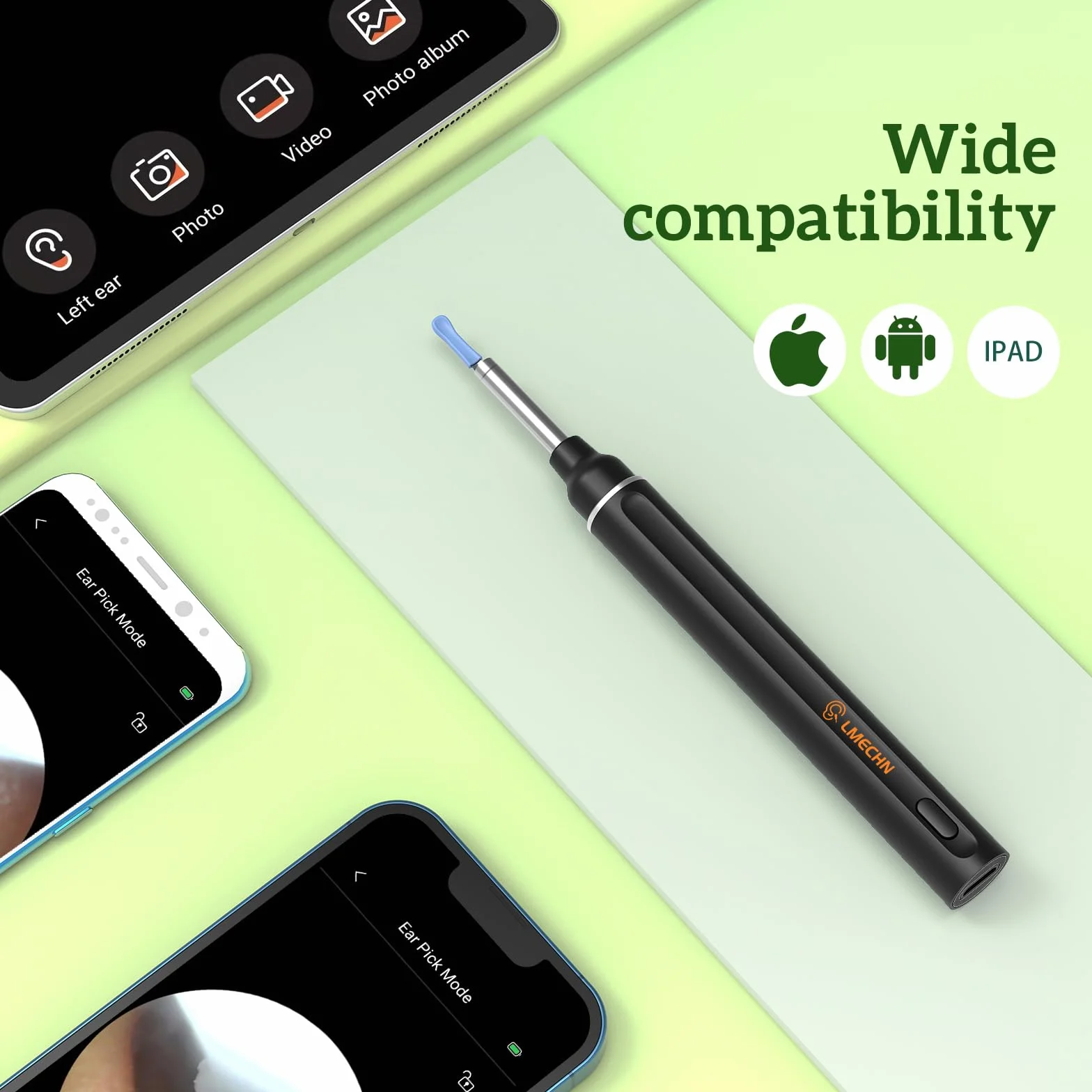 inteligentny środek do czyszczenia uszu, otoskop 1080p HD z aparatem, otoskop z 6 diodami LED, wodoszczelność IP67, do iPhone'a, smartfonów z systemem Android i iPada, kolor czarny