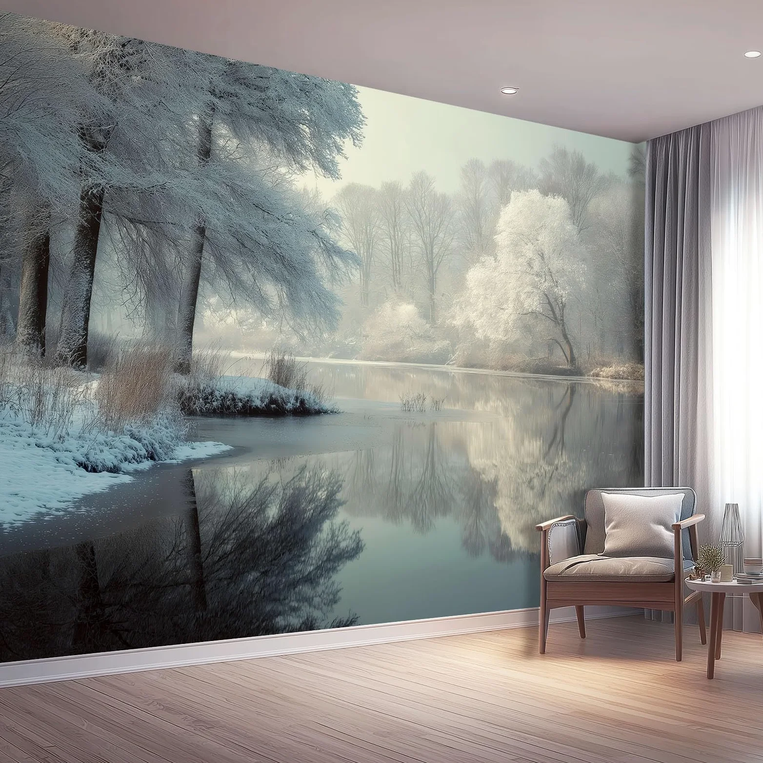 Fototapeta 300 x 210 cm ściany dekoracja salonu wzór natura do sypialni salonu tapeta z włókniny, biały las i mglisty lodowe jezioro