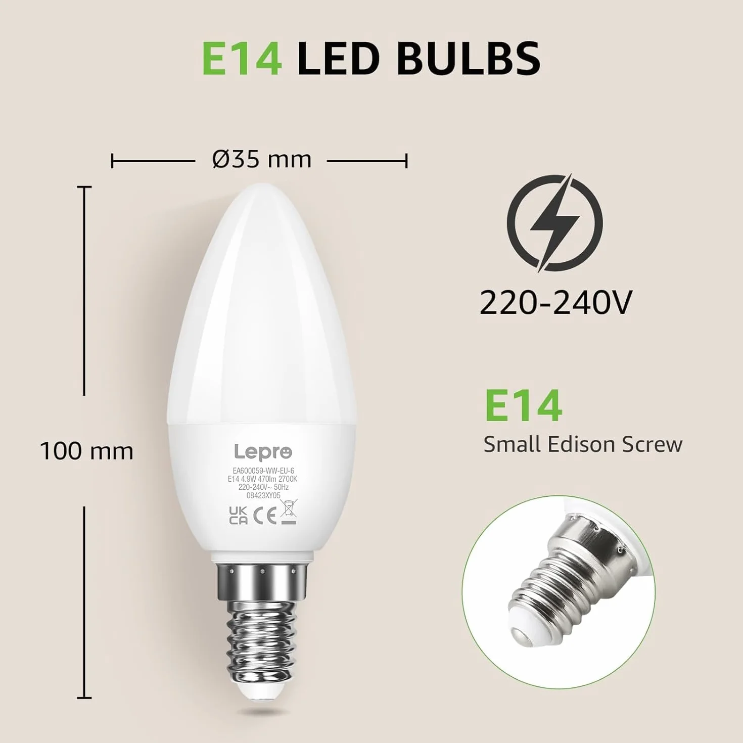 Lepro Żarówka LED E14, ciepła biel, 4,2 W, 470 lumenów, 6 sztuk, zastępuje żarówkę 40 W, C35 2700 K ciepła biel, 250° żarówki
