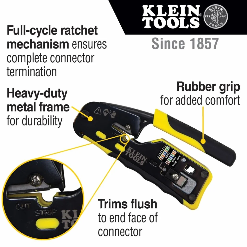 Klein Tools Pass-Thru modułowa zaciskarka do drutu, wszystkie w jednym, cięcia, paski, zaciski, szybkie i niezawodne VDV226-110, żółty/czarny, 1 sztuka