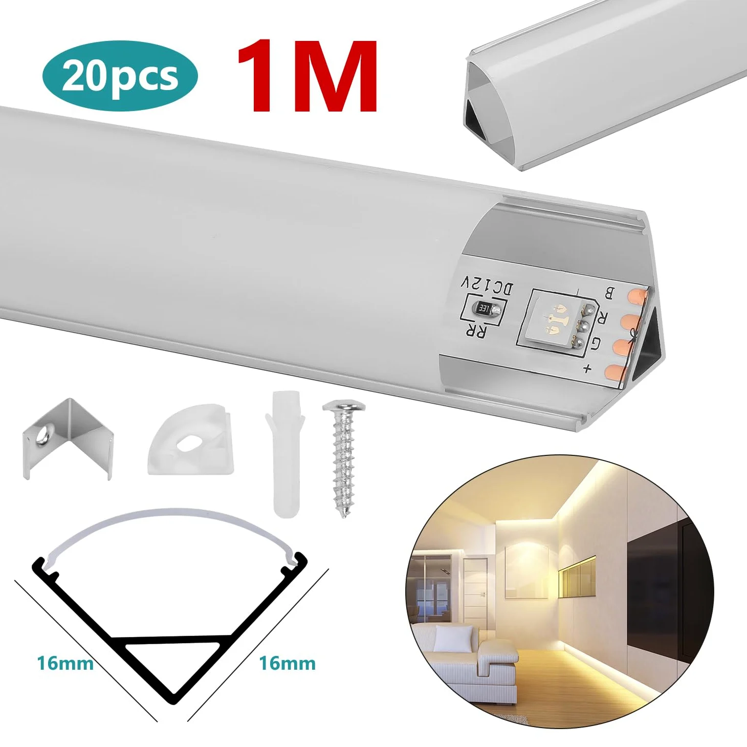 Sonnewelt Profil aluminiowy LED w kształcie litery V, 1 m, 20 sztuk do taśm LED do 11 mm, z osłoną, zaślepkami i klipsami montażowymi do taśm LED i taśm LED