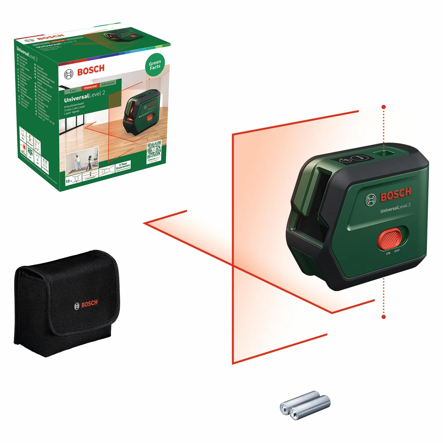 Laser krzyżowy Bosch UniversalLevel 2 (linia laserowa skrzyżowana wraz z dodatkowymi punktami w pionie do precyzyjnego wyrównywania elementów i łatwego przenoszenia punktów, opakowanie kartonowe)