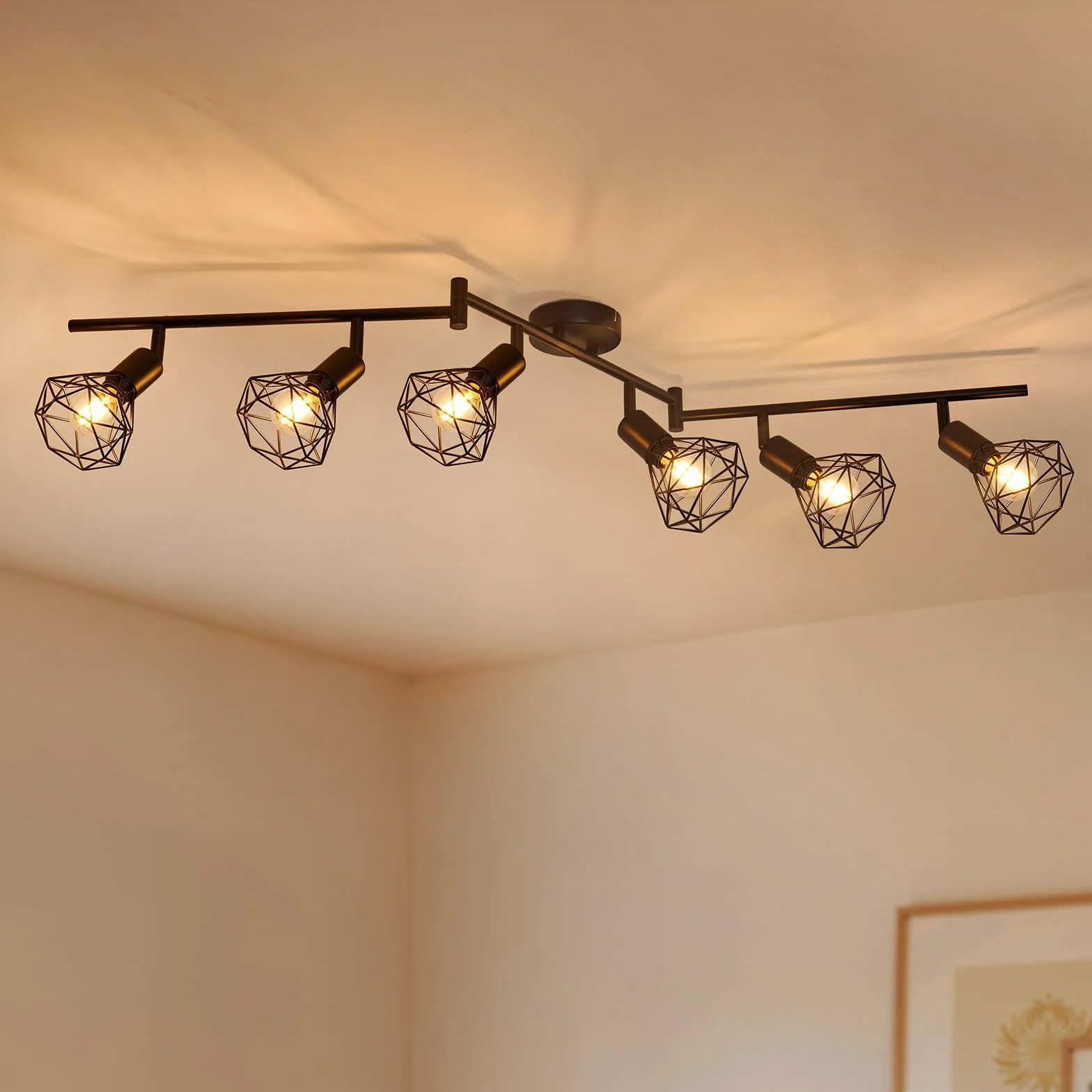 Gr4tec Lampa sufitowa z 6 obrotowymi reflektorami, czarna przemysłowa oprawa sufitowa E14, rampa punktowa i szyny sufitowe do kuchni, salonu, sypialni, korytarza, bez żarówek