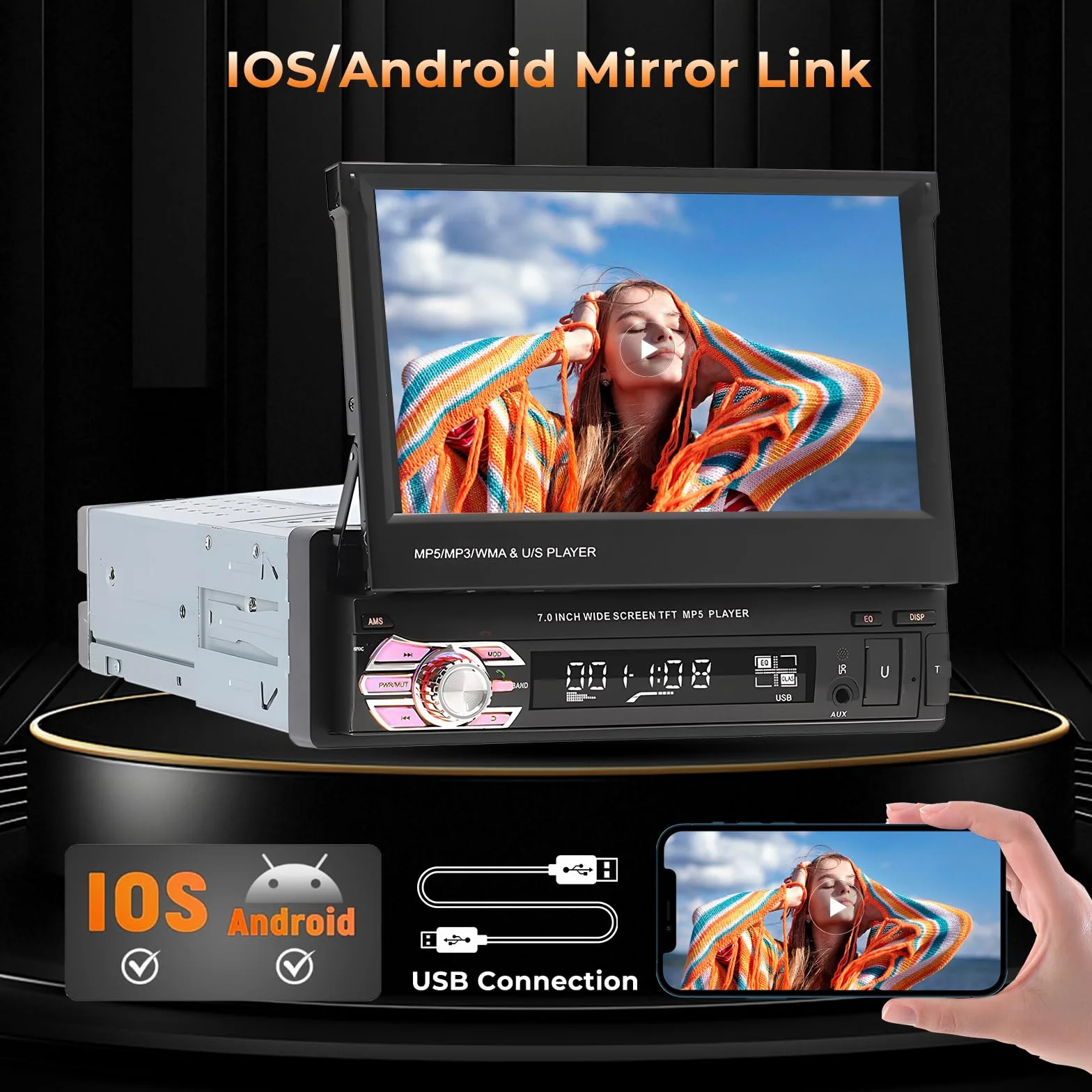 Radio samochodowe Hikity 1 Din z 7-calowym wysuwanym ekranem Radio samochodowe Bluetooth Zestaw głośnomówiący z USB FM Mirror Link AUX Kamera cofania