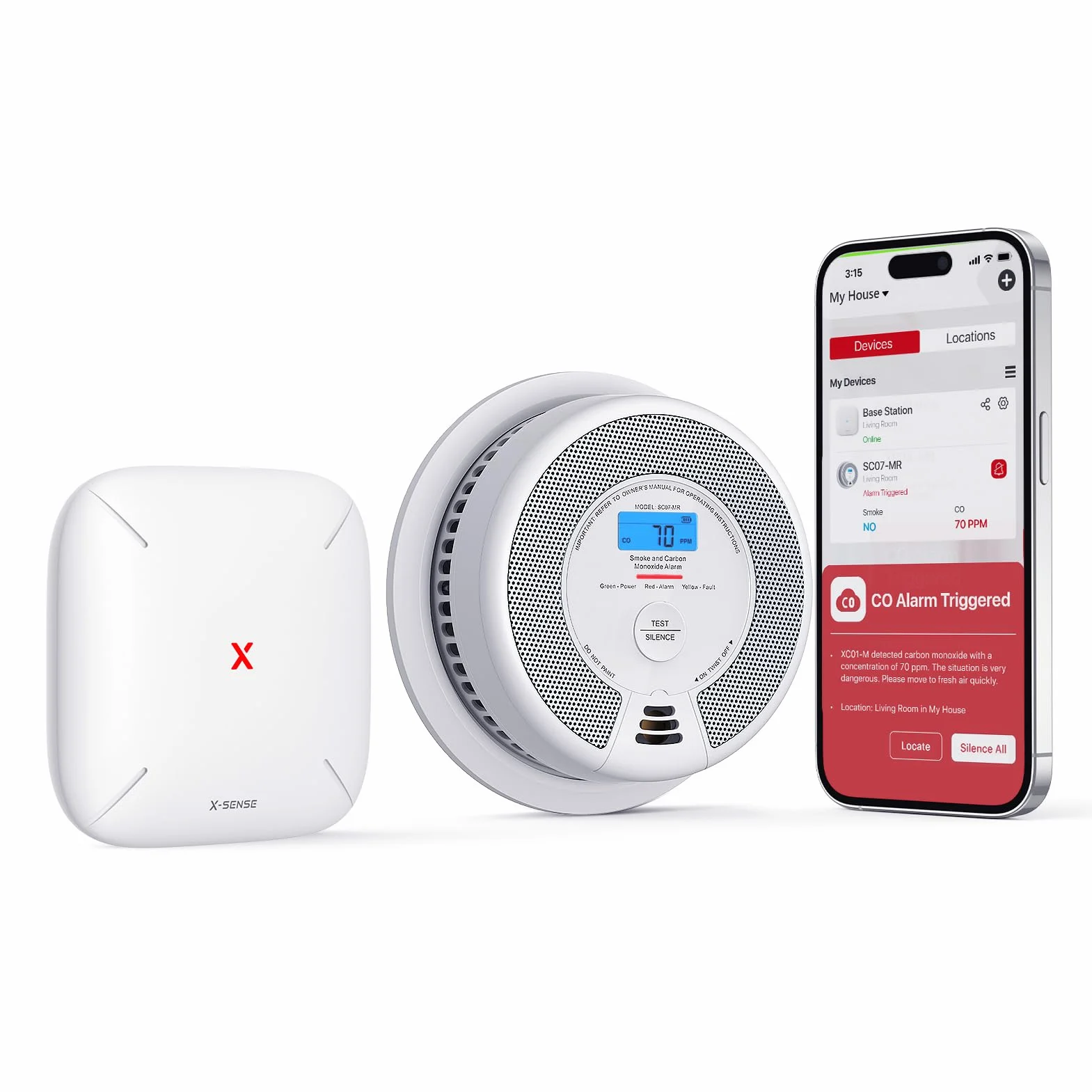 X-Sense SC07-MR czujnik dymu i tlenku węgla, inteligentny czujnik tlenku węgla, z aplikacją X-Sense Home Security, 1 detektor spalin i detektor tlenku węgla z 1 stacją bazową SBS50, SC07-MR11
