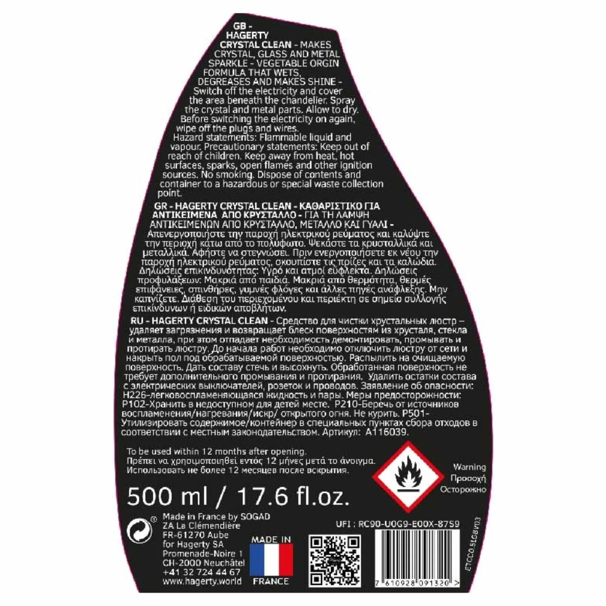 Hagerty Crystal Clean Spray do czyszczenia kryształów 500 ml I Skuteczny środek do czyszczenia żyrandoli I Spray do łatwego czyszczenia i pielęgnacji lamp z kryształu szkła i metalu