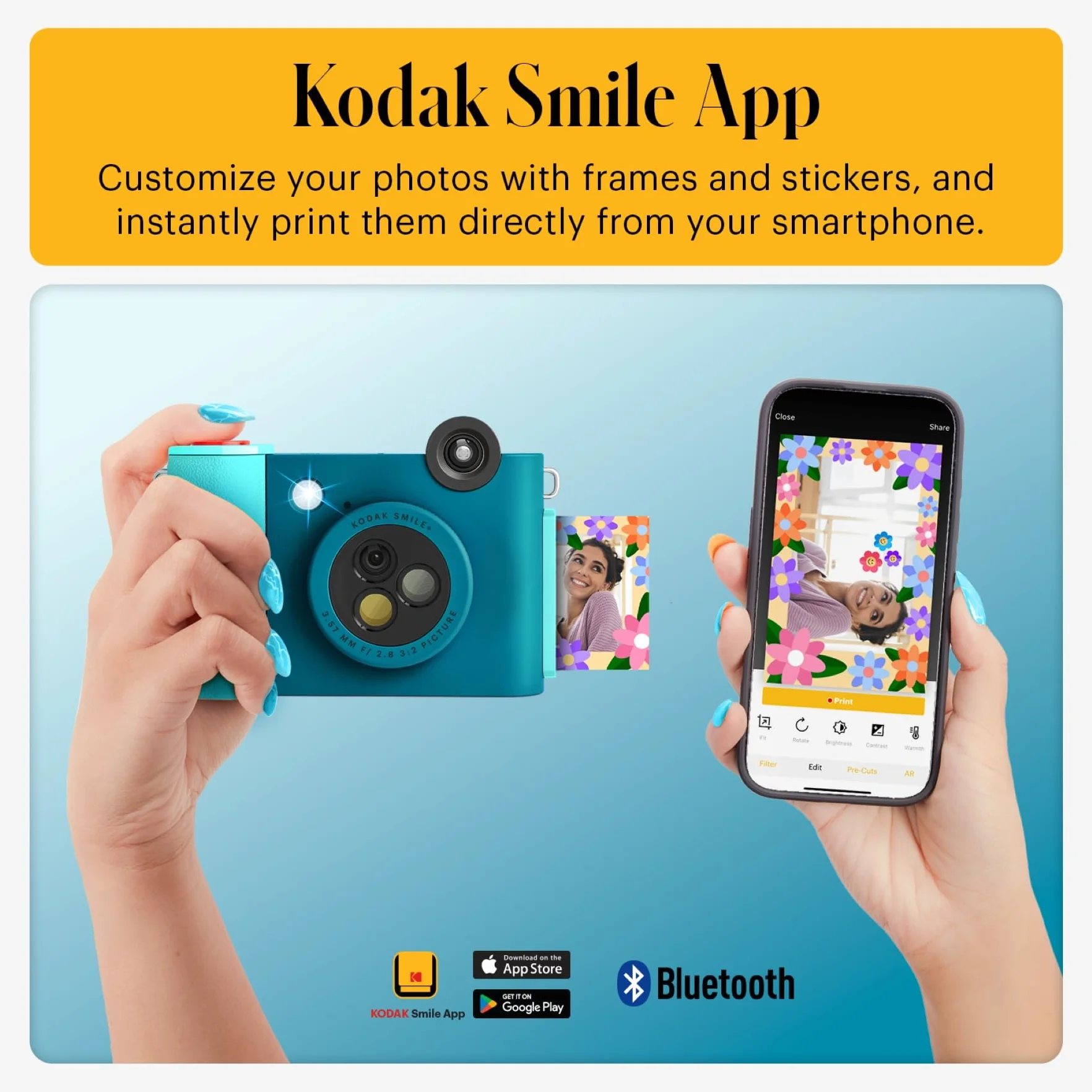 KODAK Smile+ Bezprzewodowy cyfrowy aparat do natychmiastowego druku z obiektywem zmieniającym efekt Papier fotograficzny ZINK 5 x 7,5 cm, kompatybilny z urządzeniami iOS i Android - niebieski, Blue