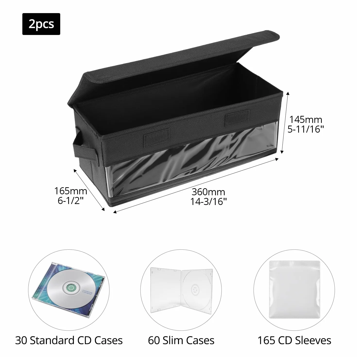 QWORK 2 pudełka do przechowywania płyt CD, 36 x 14 x 6 cm, czarny organizer z tkaniny, na 30 standardowych etui na płyty CD, 60 cienkich etui na CD lub 165 segregatorów na CD