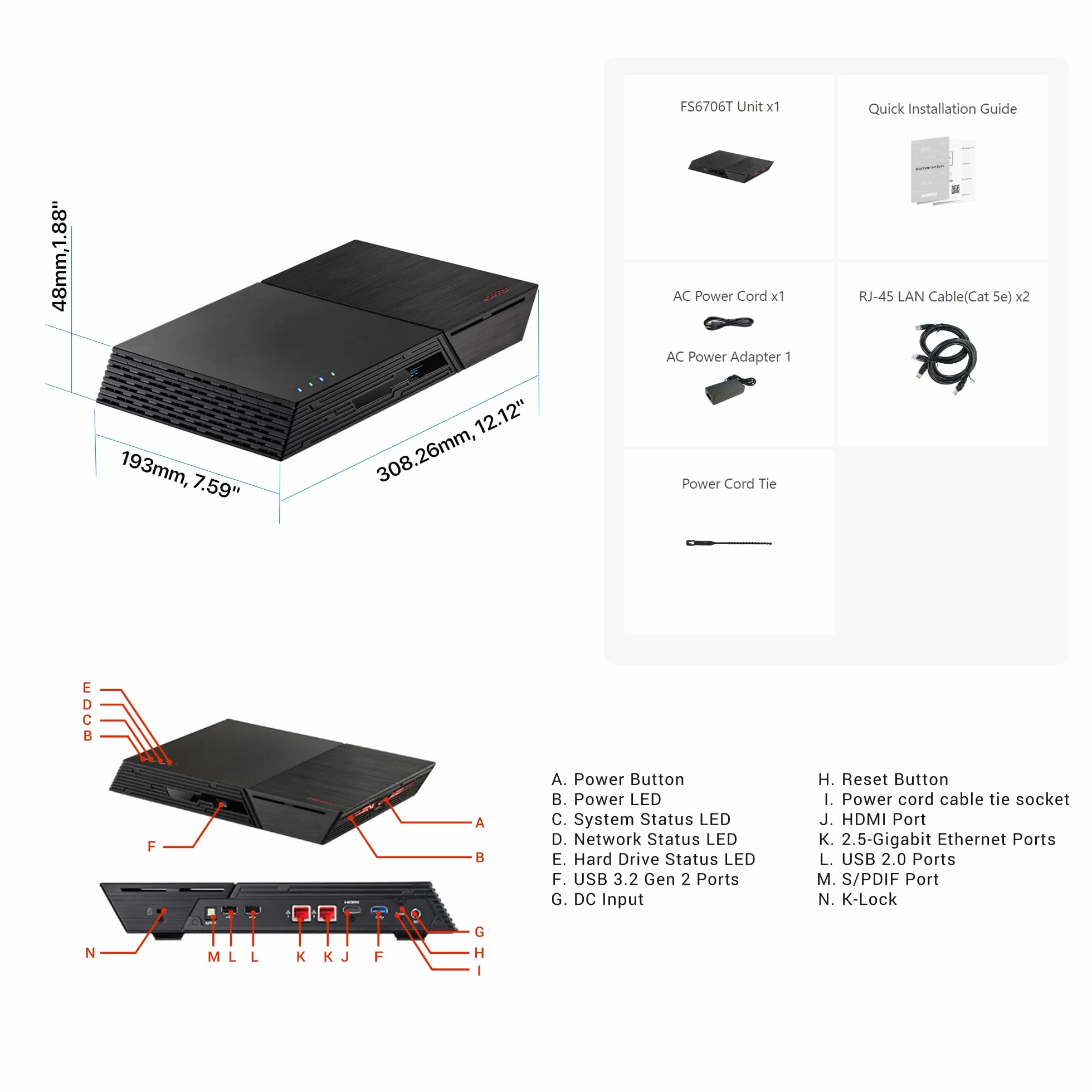 Asustor Flashtor 6 FS6706T - 6 Bay Pure M.2-SSD-NAS pamięć sieciowa obudowa, Quad Core 2.0 GHz, gniazdo SSD Six M.2, podwójne porty 2.5 GbE, 4 GB RAM DDR4 (Diskless)