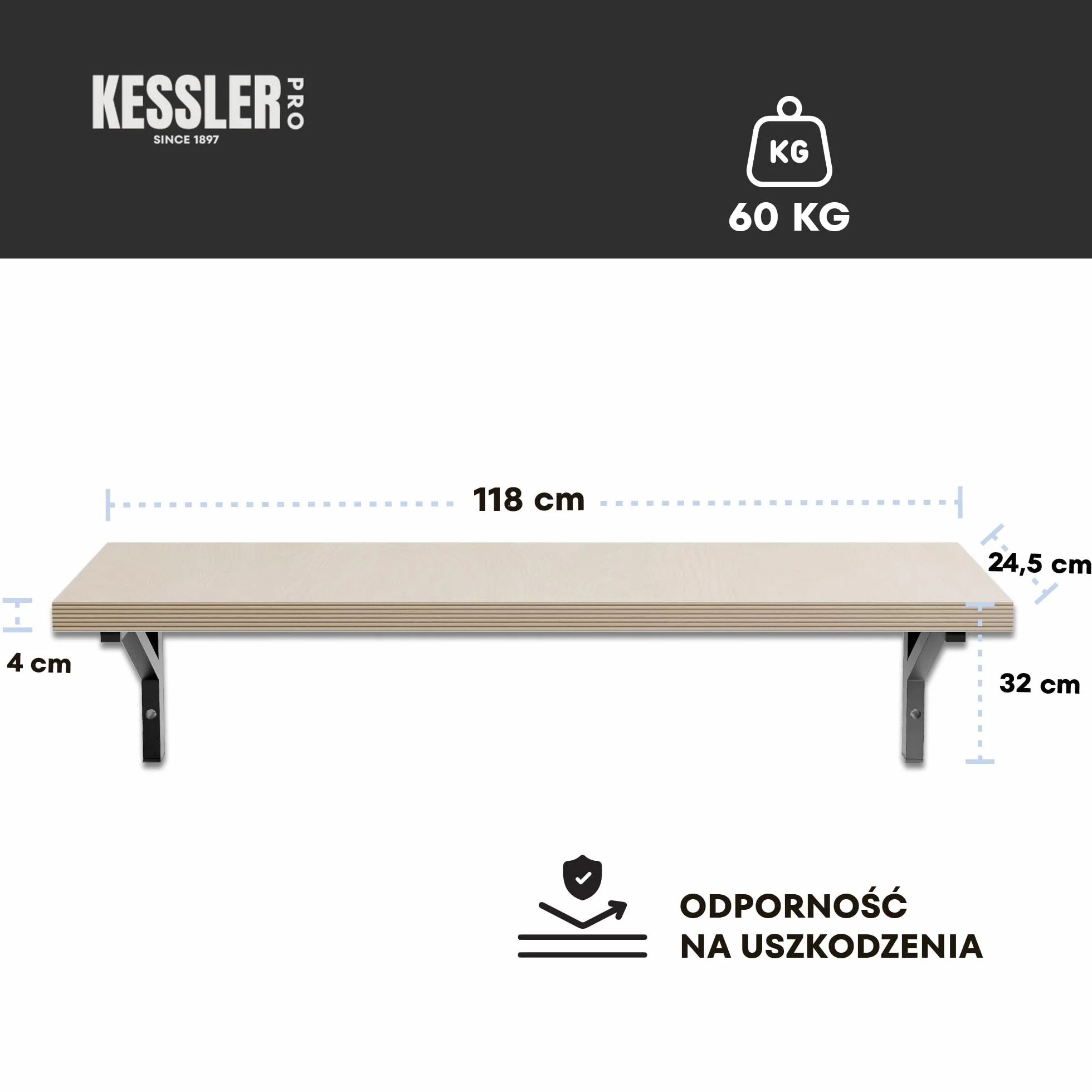 Półka Wisząca 120x24,5 cm Metalowa Wspornik Sklejka 40 mm Biały Stelaż