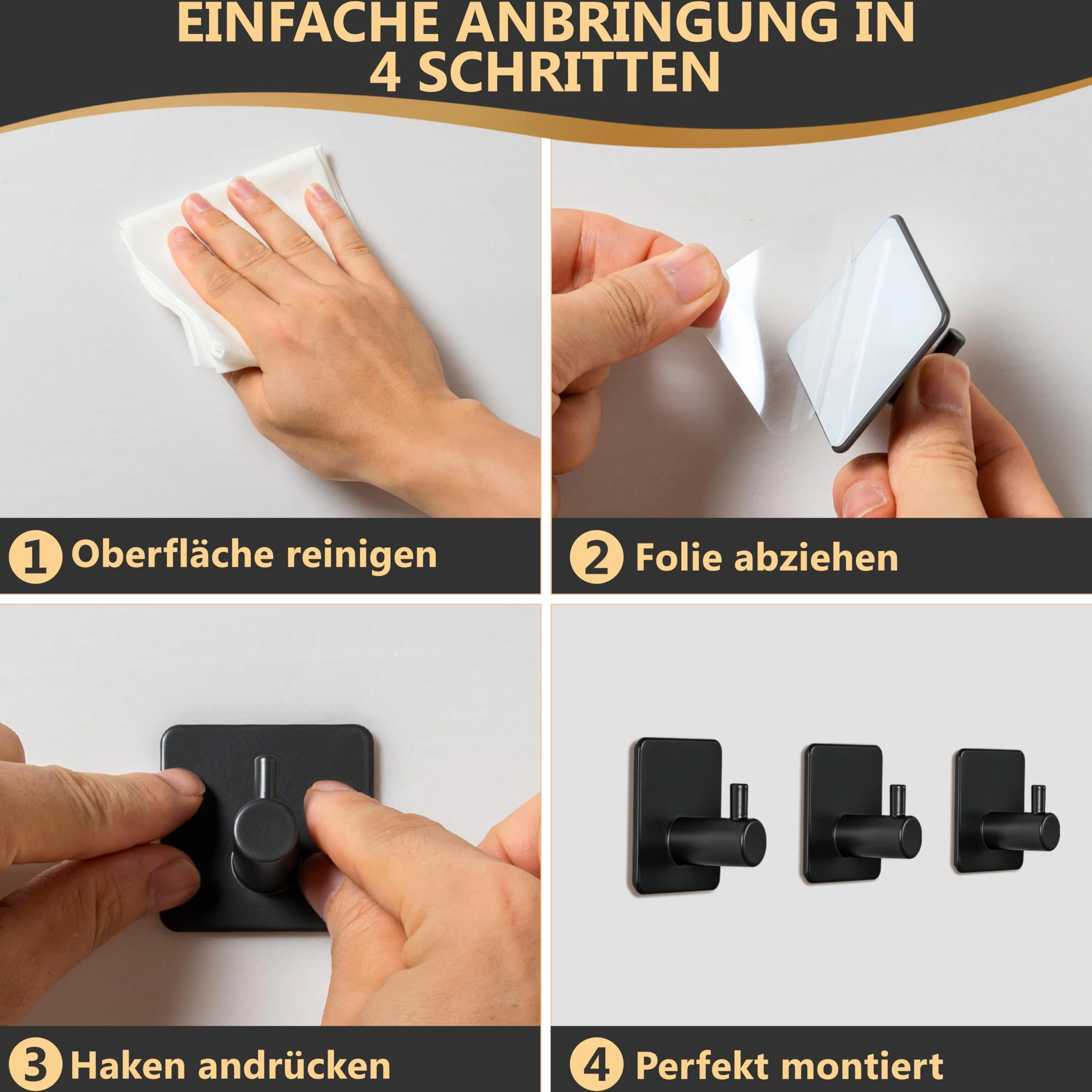 Wieszak na ręczniki, czarny, bez wiercenia, bardzo mocny haczyk samoprzylepny do kuchni i łazienki, wieszak ścienny, samoprzylepny, wieszak na ręczniki do łazienki i kuchni, przyklejanie