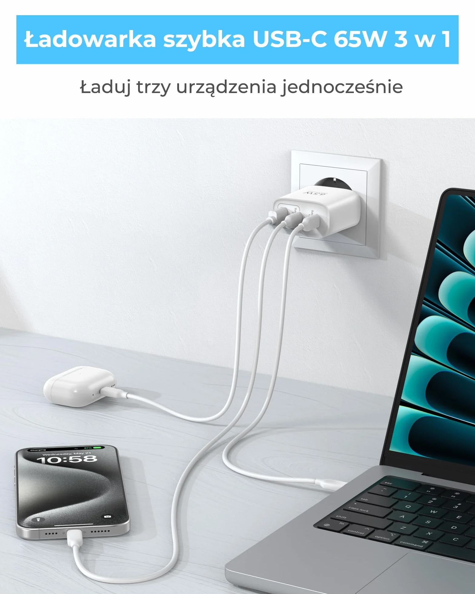 Ładowarka USB C 65W, 3-portowy zasilacz USB C z kablem 60W 1 m, szybka ładowarka PPS i PD do MacBook Pro/Air, do iPad Pro/Air, do iPhone 17/16/15 Pro Max, do Galaxy S25+/S24 Ultra, biały