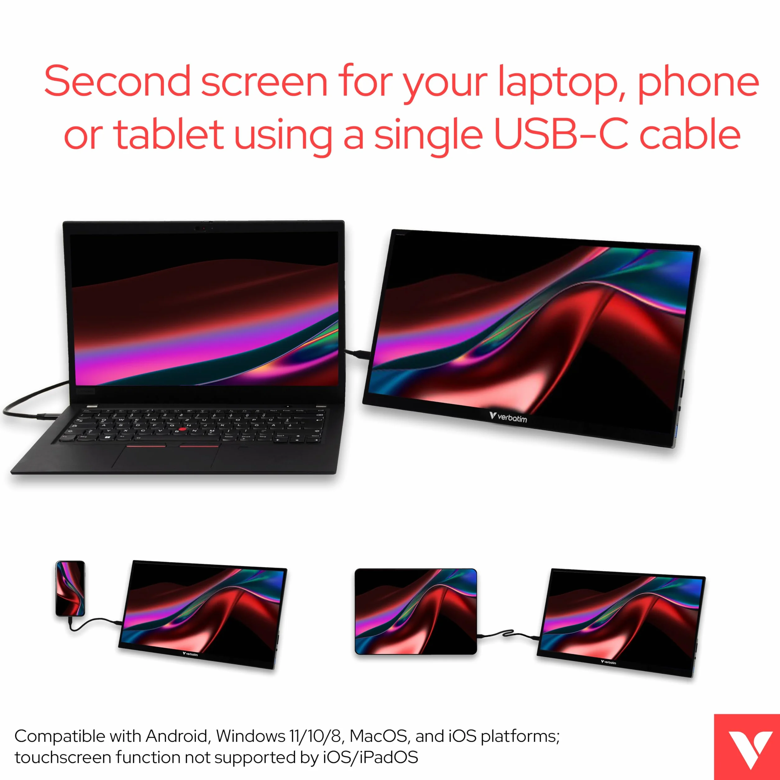 Verbatim PMT-14, przenośny ekran dotykowy, mobilny ekran Full HD 14" do laptopa, tabletu, smartfona, PS5 lub Nintendo Switch ze złączem USB-A, USB-C oraz HDMI, czarny