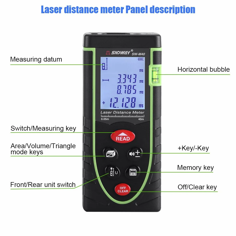 Cyfrowy dalmierz ręczny 1 mm do 40/60/80/100 m z dużym wyświetlaczem LCD i poziomicą